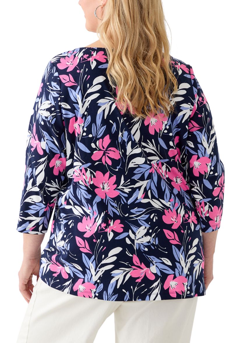 Plus Size Split Neck Printed Top 