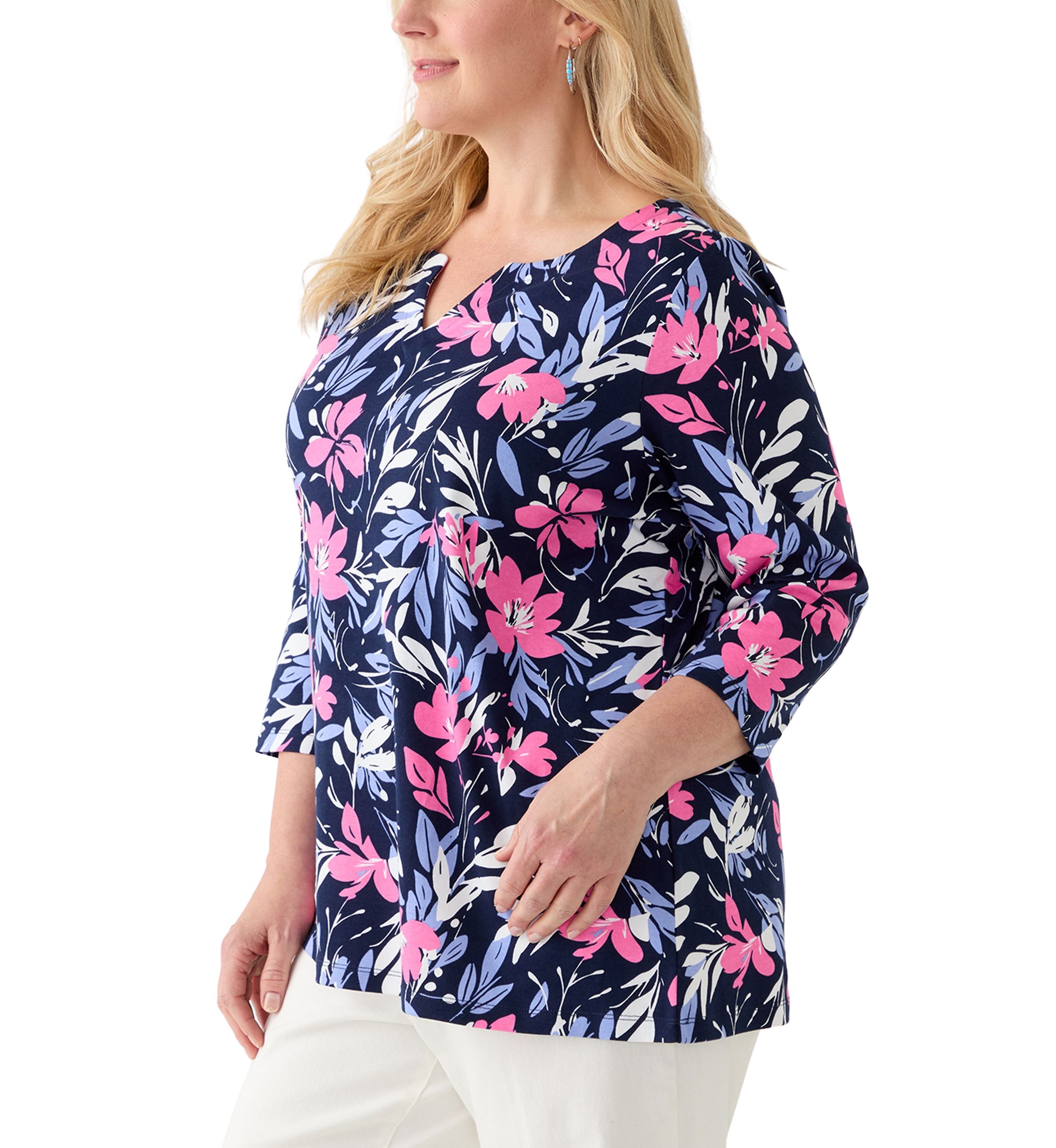 Plus Size Split Neck Printed Top 