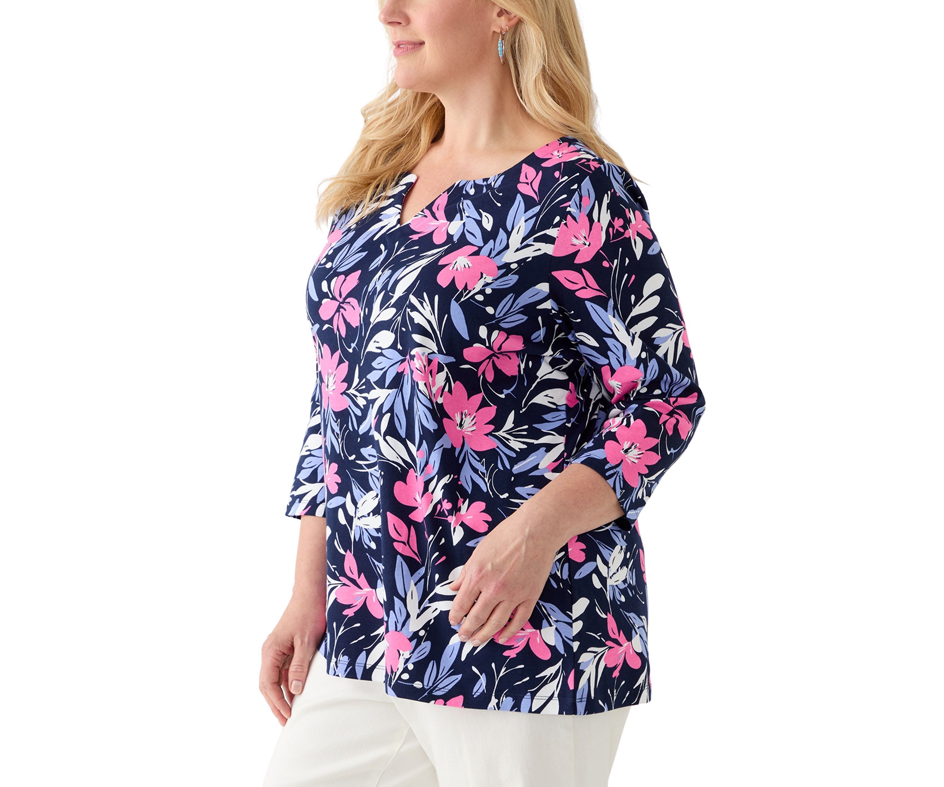 Plus Size Split Neck Printed Top 