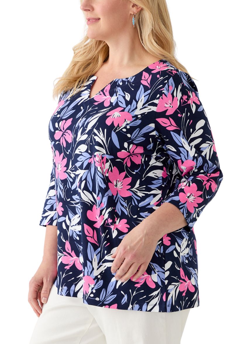 Plus Size Split Neck Printed Top 