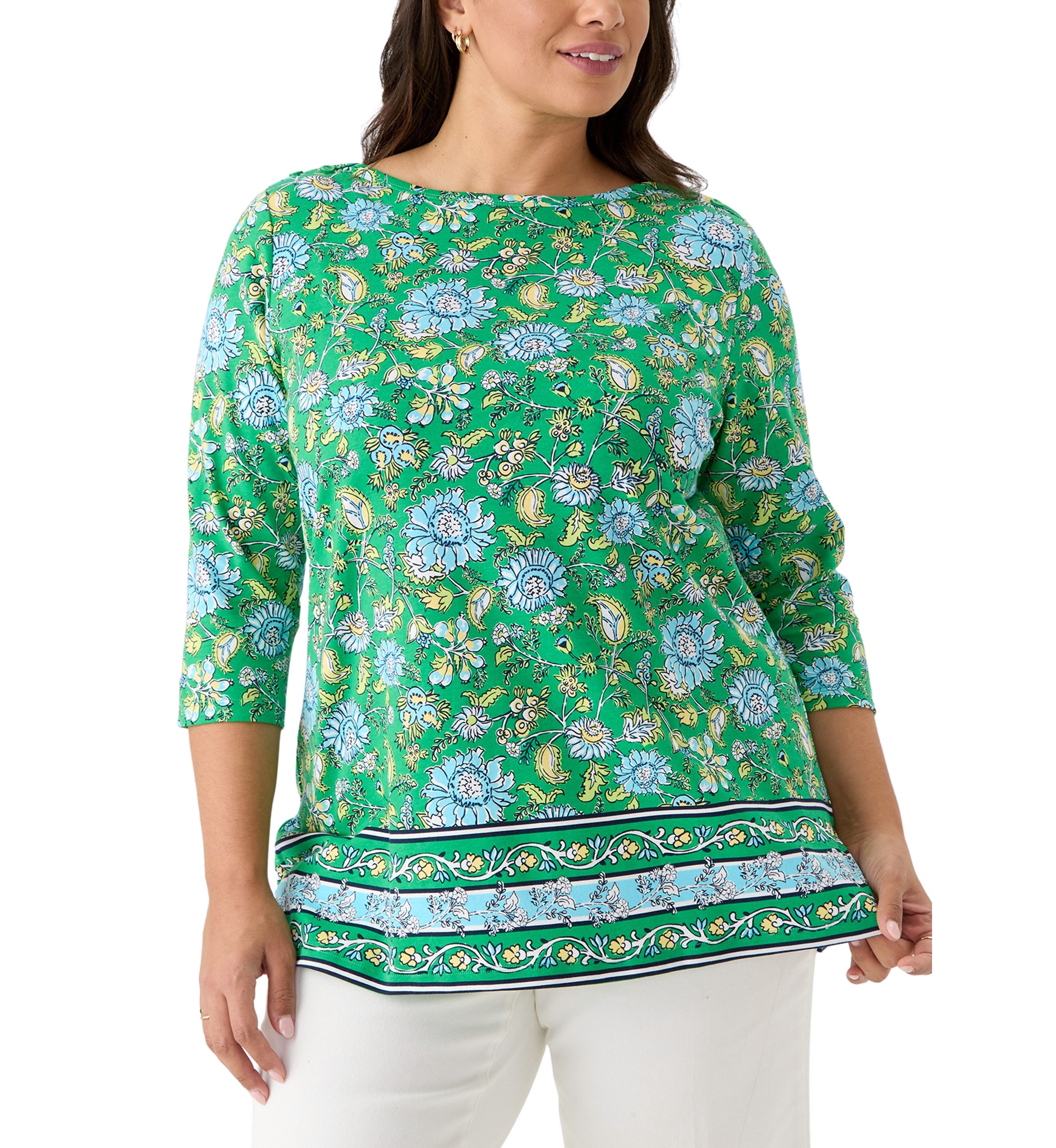 Plus Size Border Printed Boat Neck Top