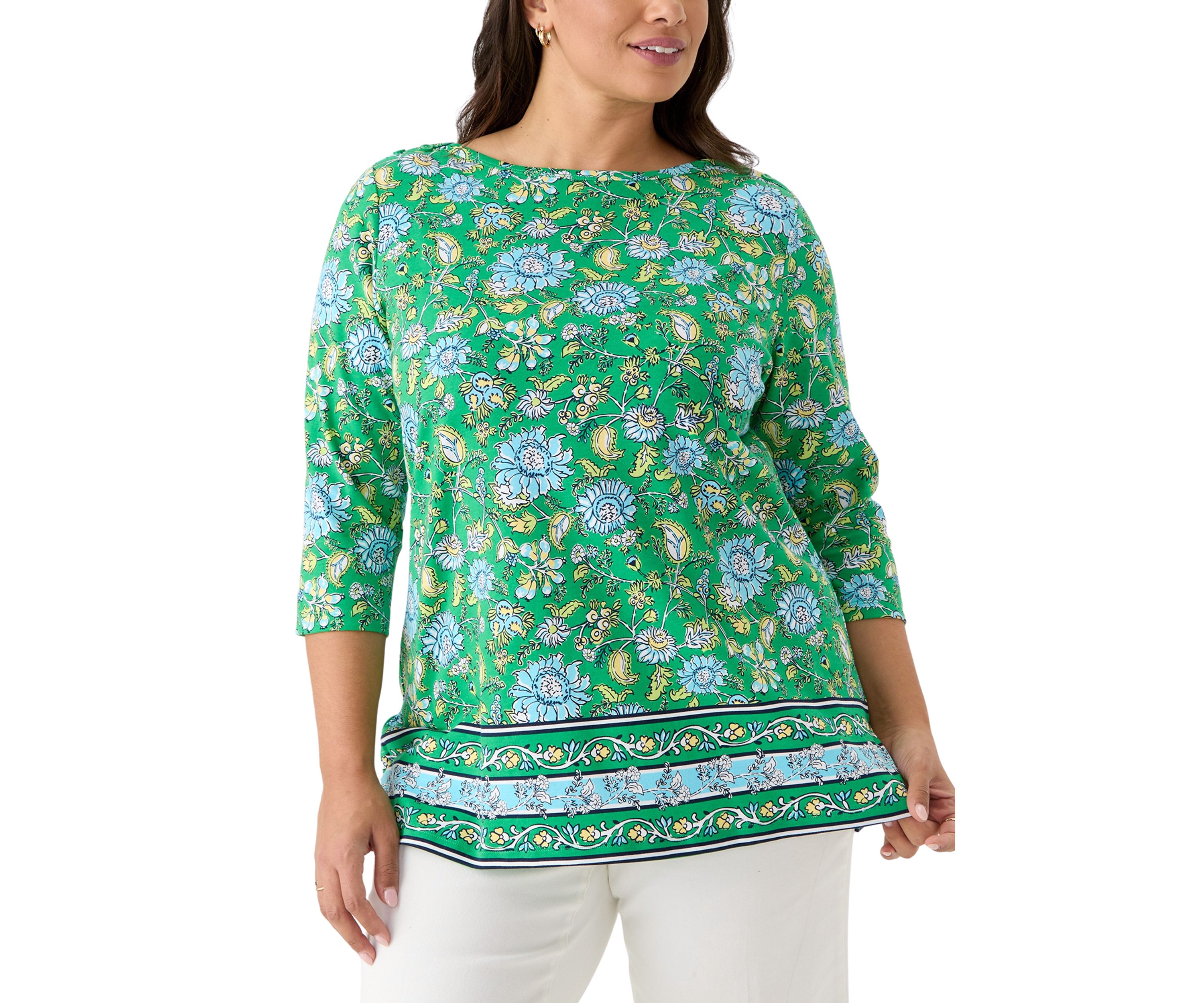 Plus Size Border Printed Boat Neck Top