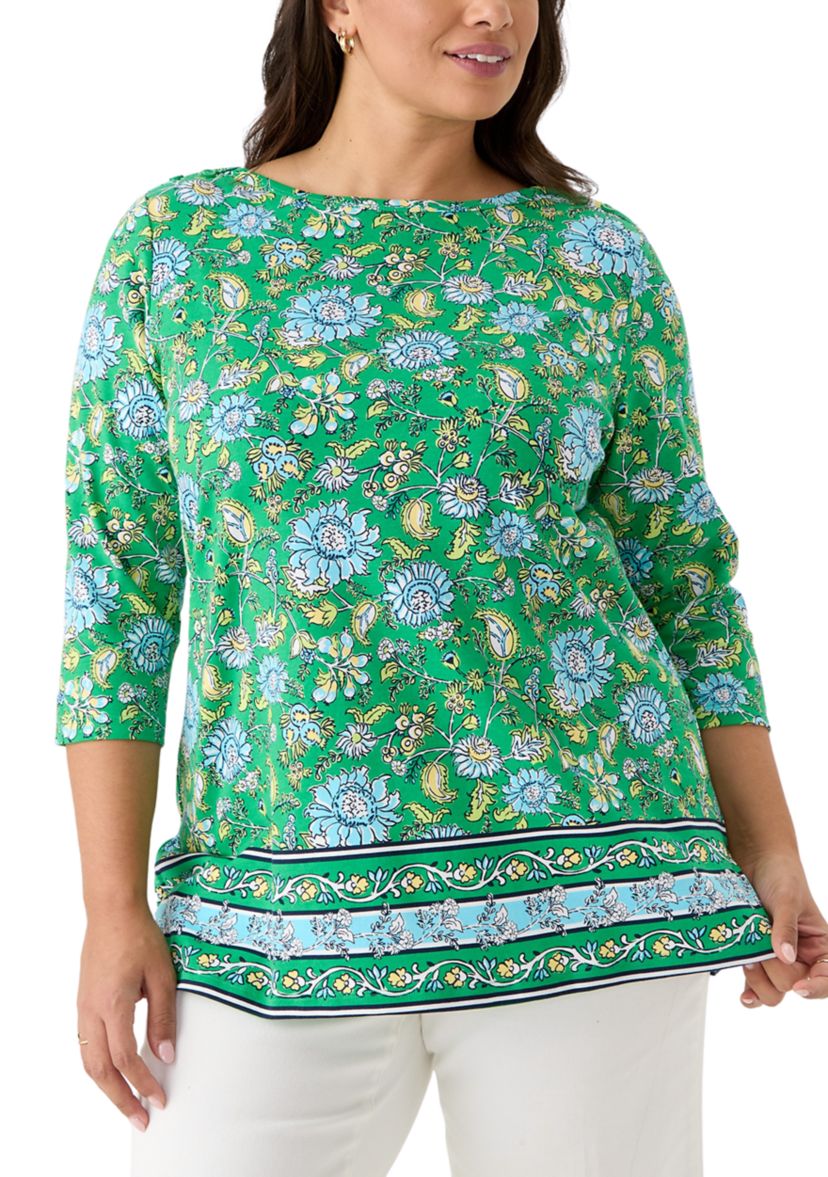 Plus Size Border Printed Boat Neck Top