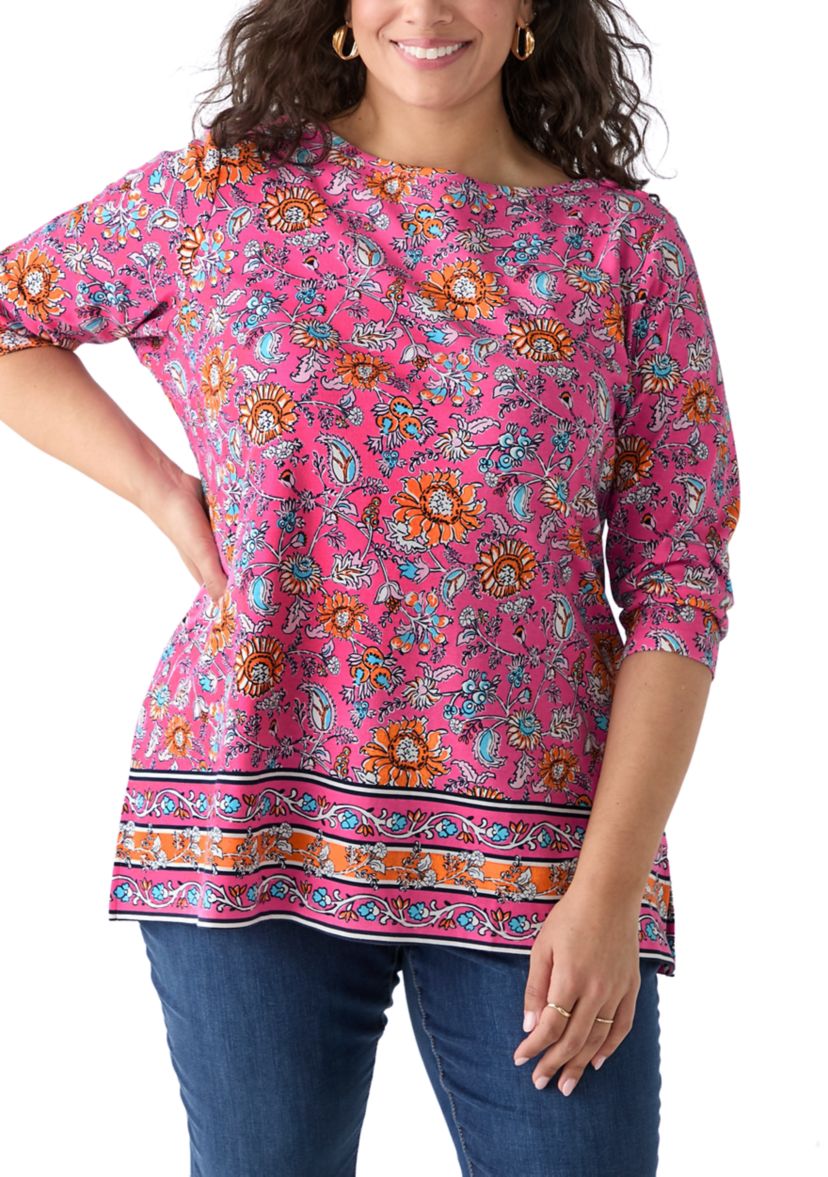 Plus Size Border Printed Boat Neck Top