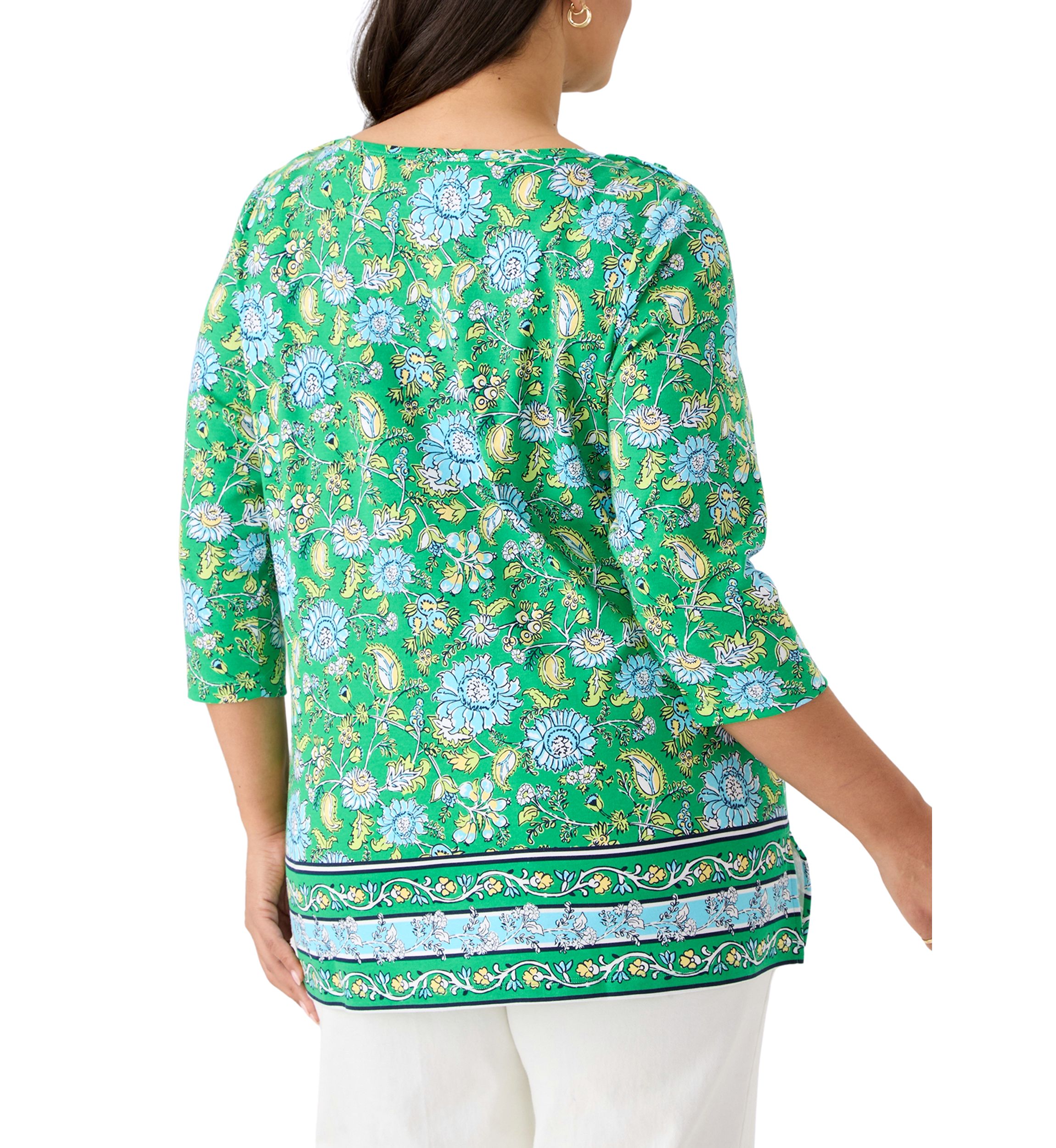 Plus Size Border Printed Boat Neck Top
