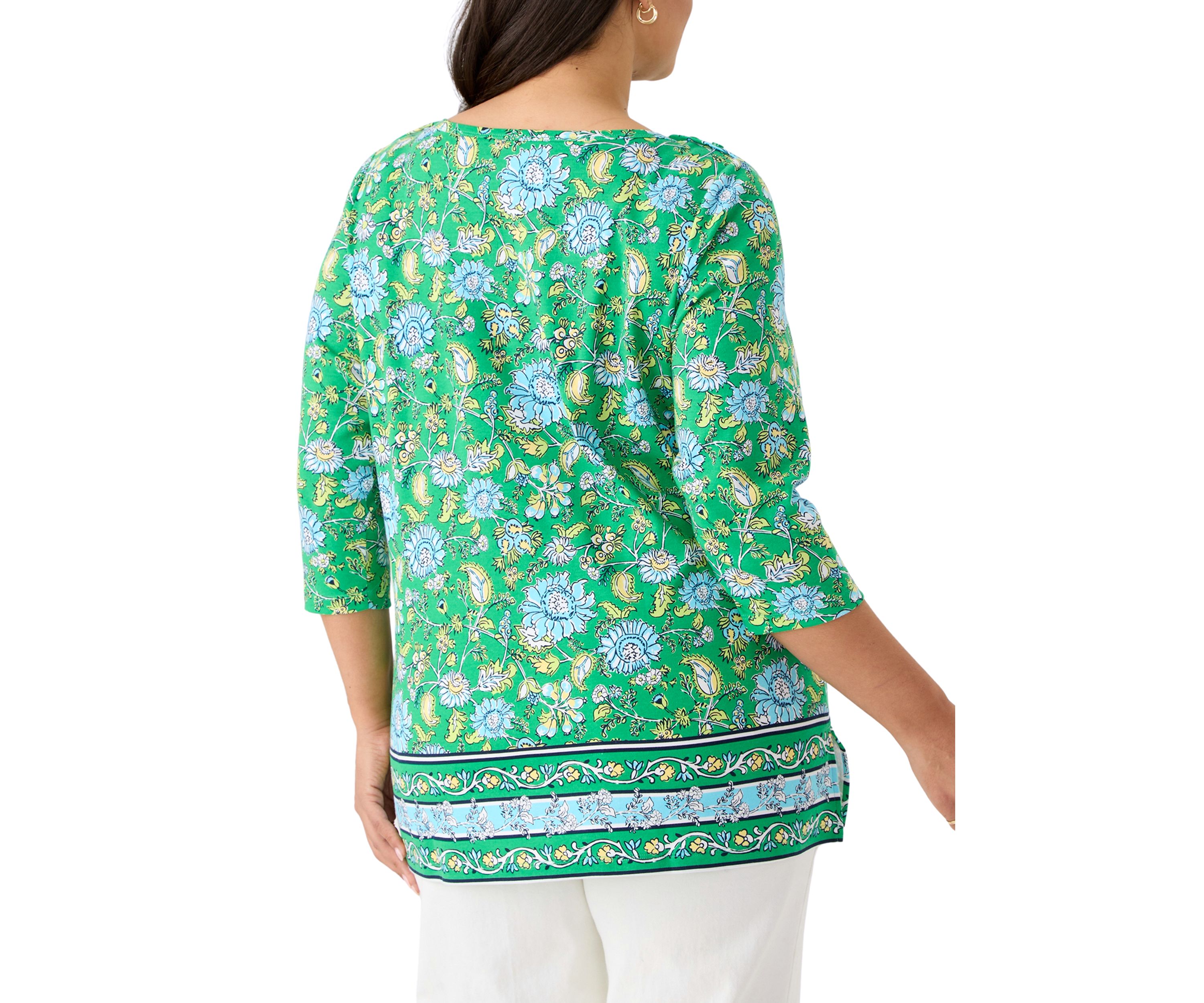 Plus Size Border Printed Boat Neck Top