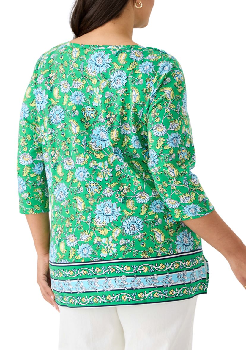 Plus Size Border Printed Boat Neck Top