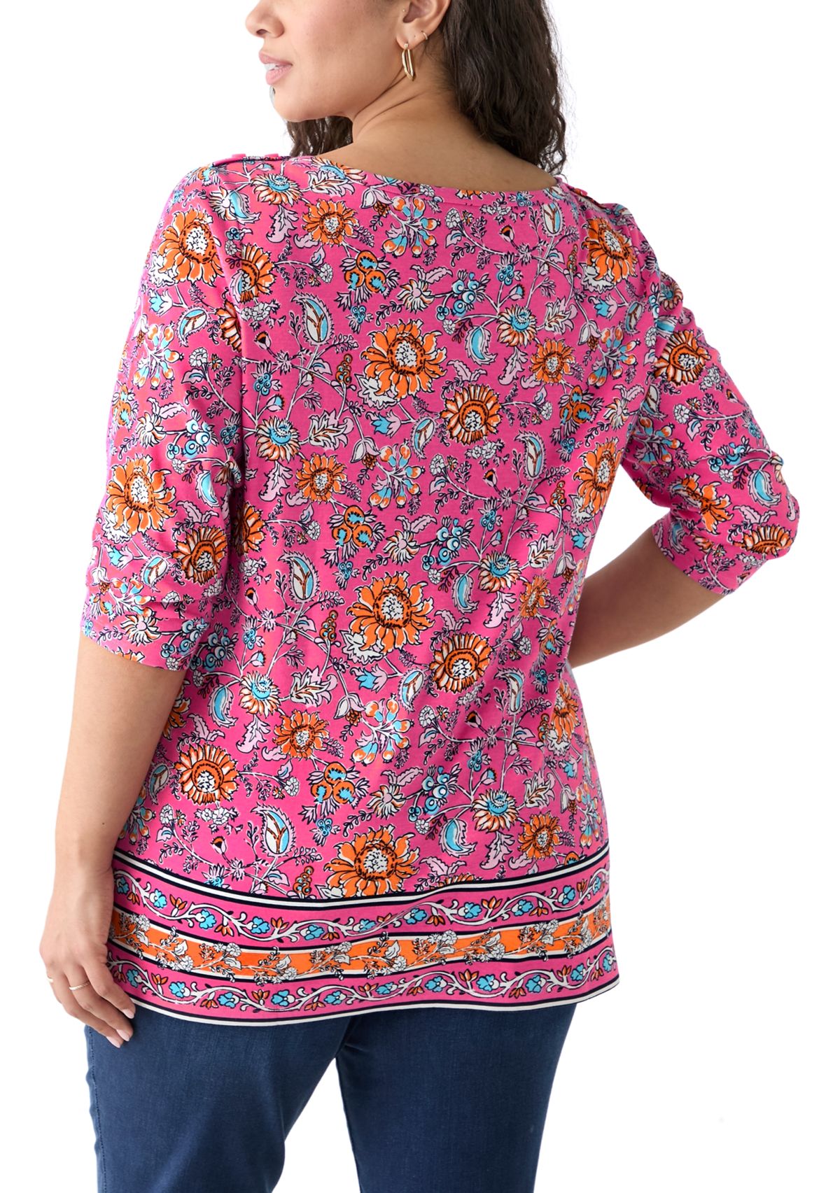 Plus Size Border Printed Boat Neck Top