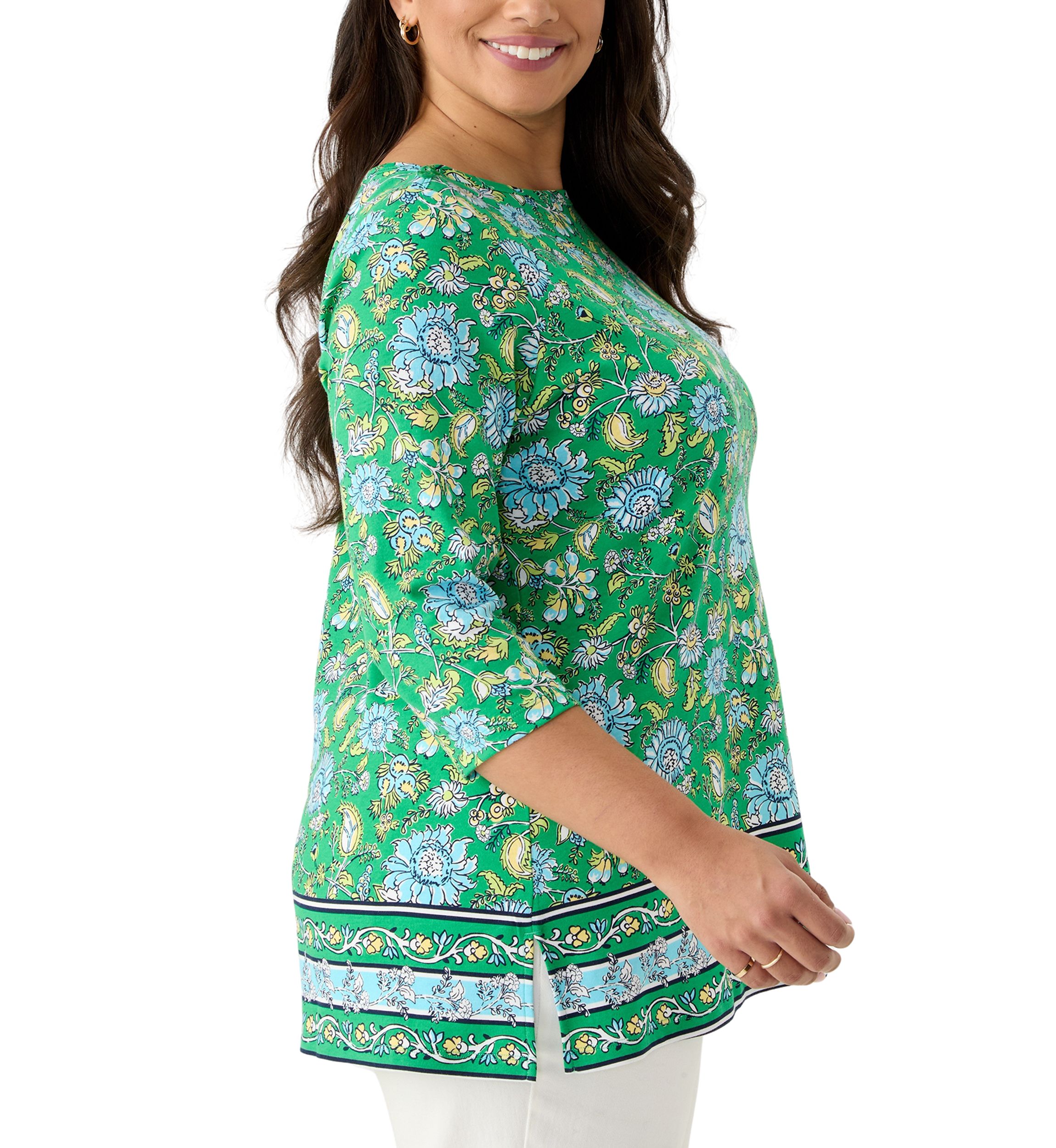 Plus Size Border Printed Boat Neck Top