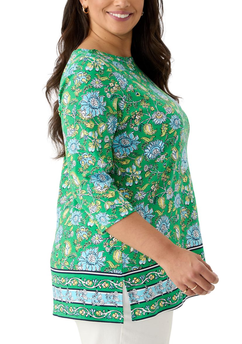 Plus Size Border Printed Boat Neck Top