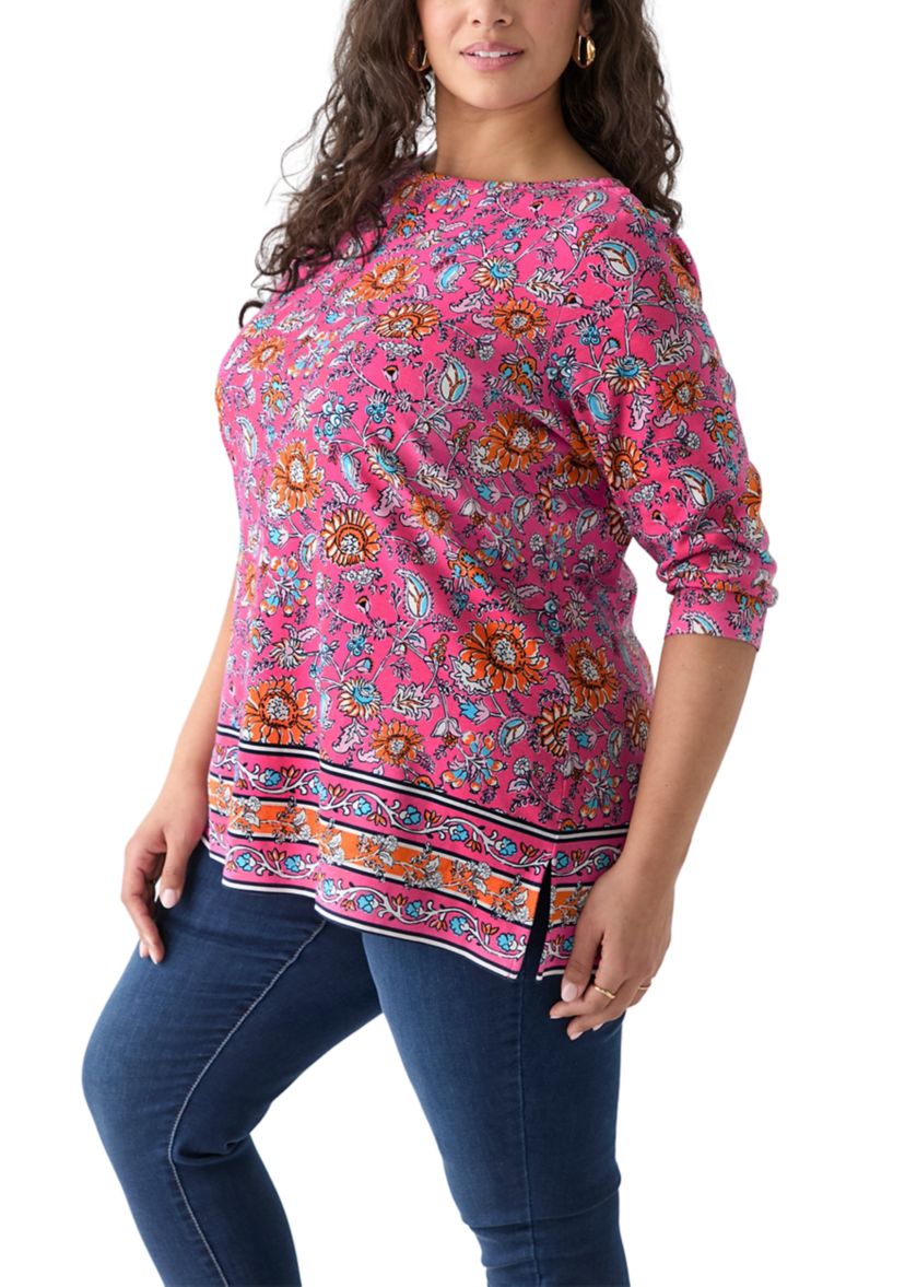 Plus Size Border Printed Boat Neck Top