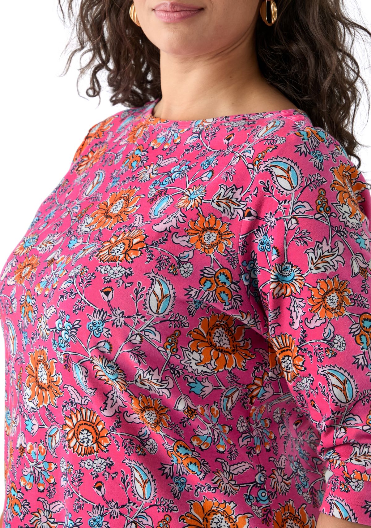 Plus Size Border Printed Boat Neck Top