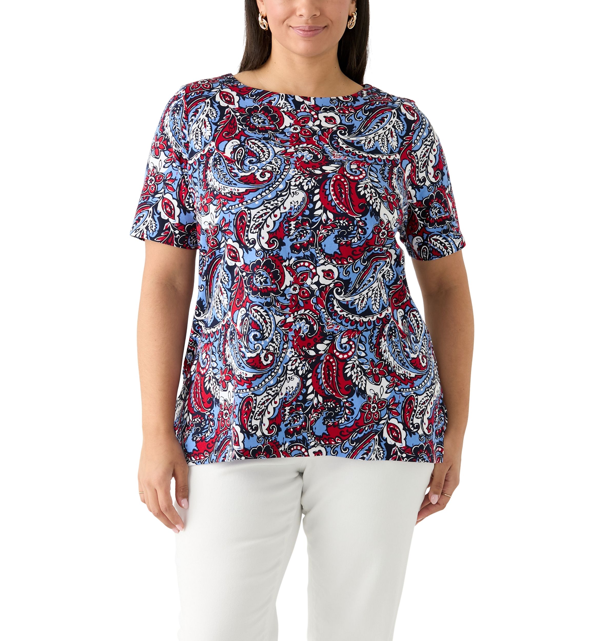 Plus Size Elbow Sleeve Button Trim Printed Tunic 