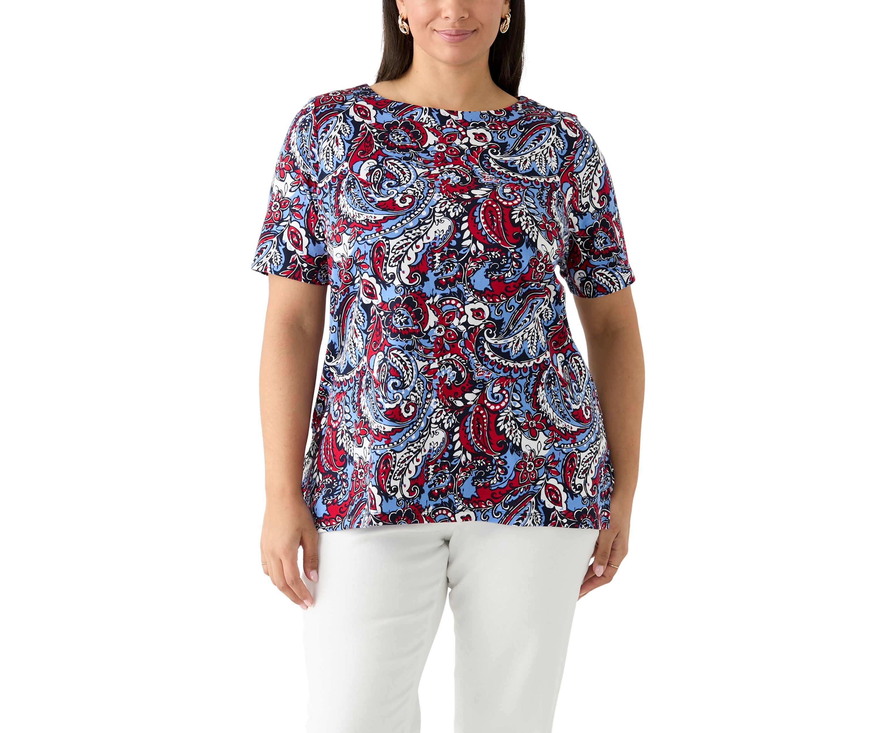 Plus Size Elbow Sleeve Button Trim Printed Tunic 