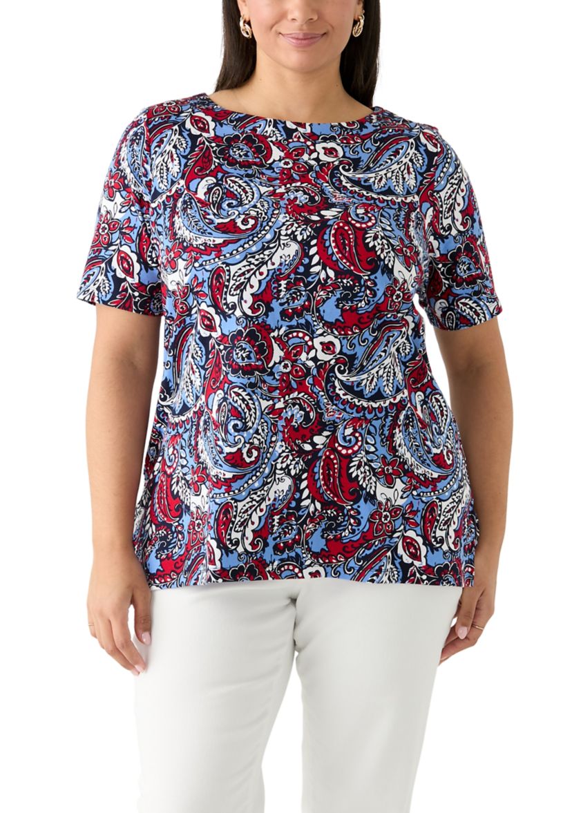 Plus Size Elbow Sleeve Button Trim Printed Tunic 
