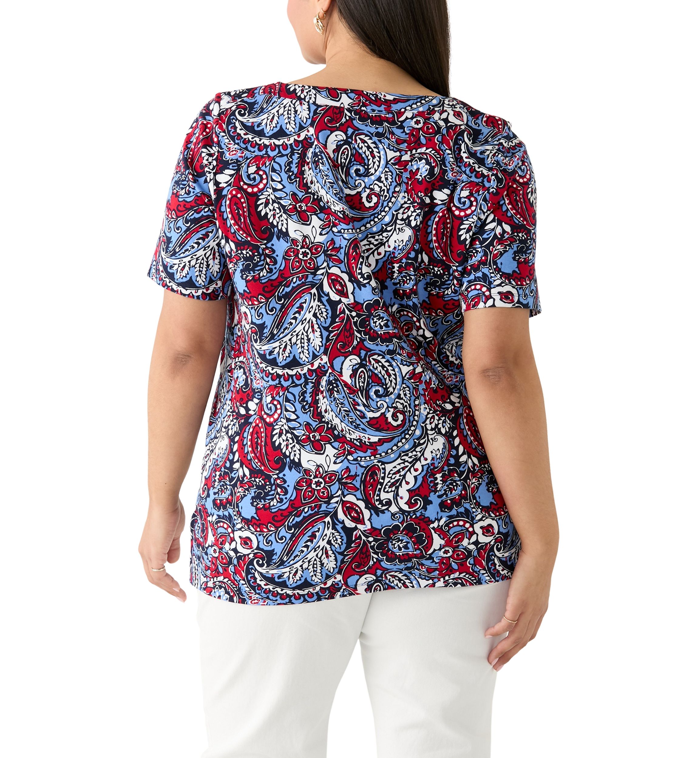 Plus Size Elbow Sleeve Button Trim Printed Tunic 