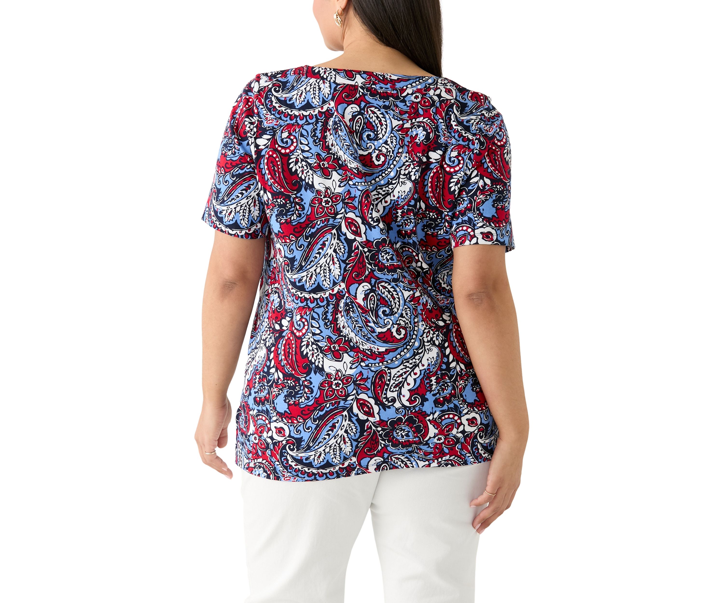 Plus Size Elbow Sleeve Button Trim Printed Tunic 