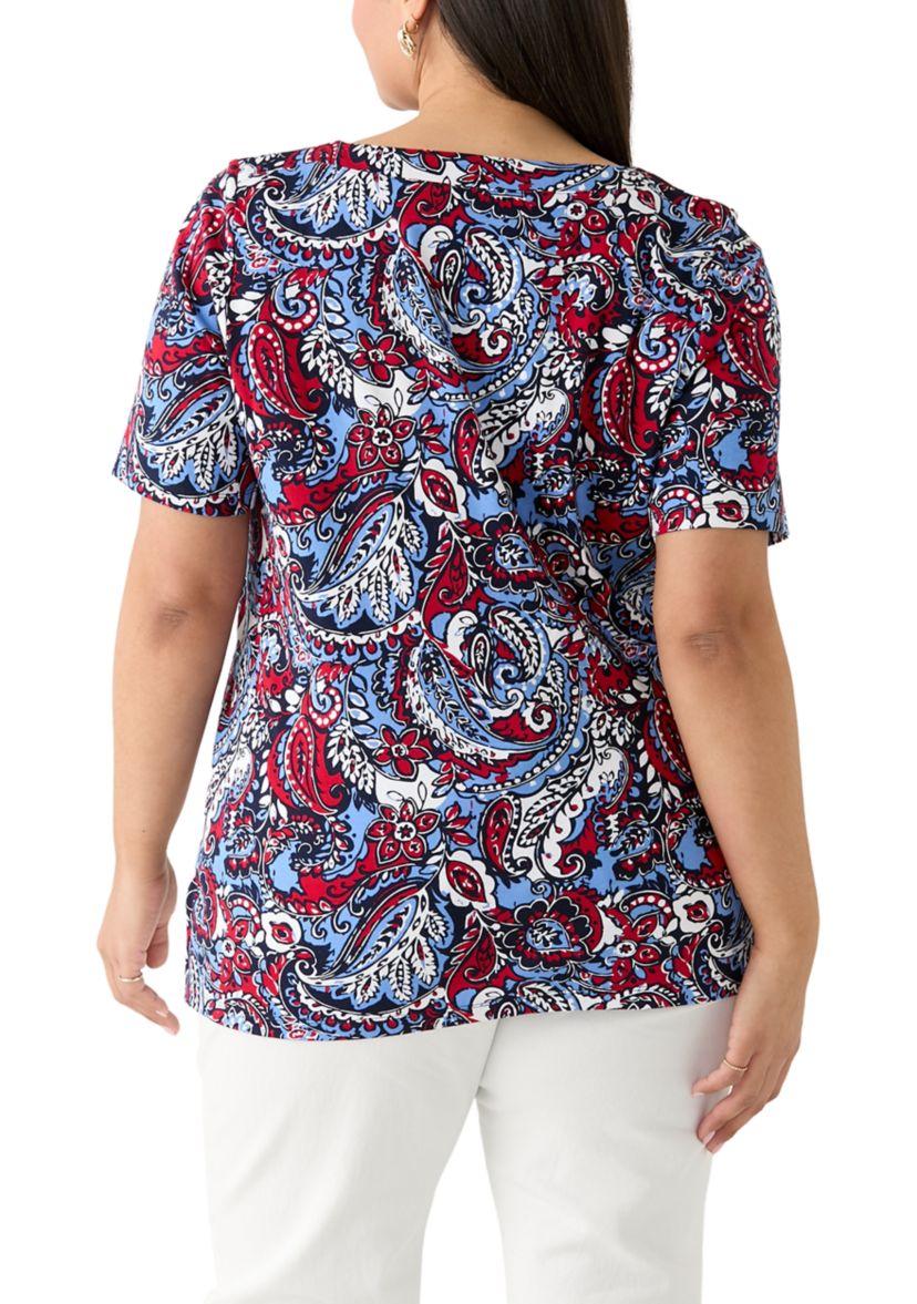 Plus Size Elbow Sleeve Button Trim Printed Tunic 