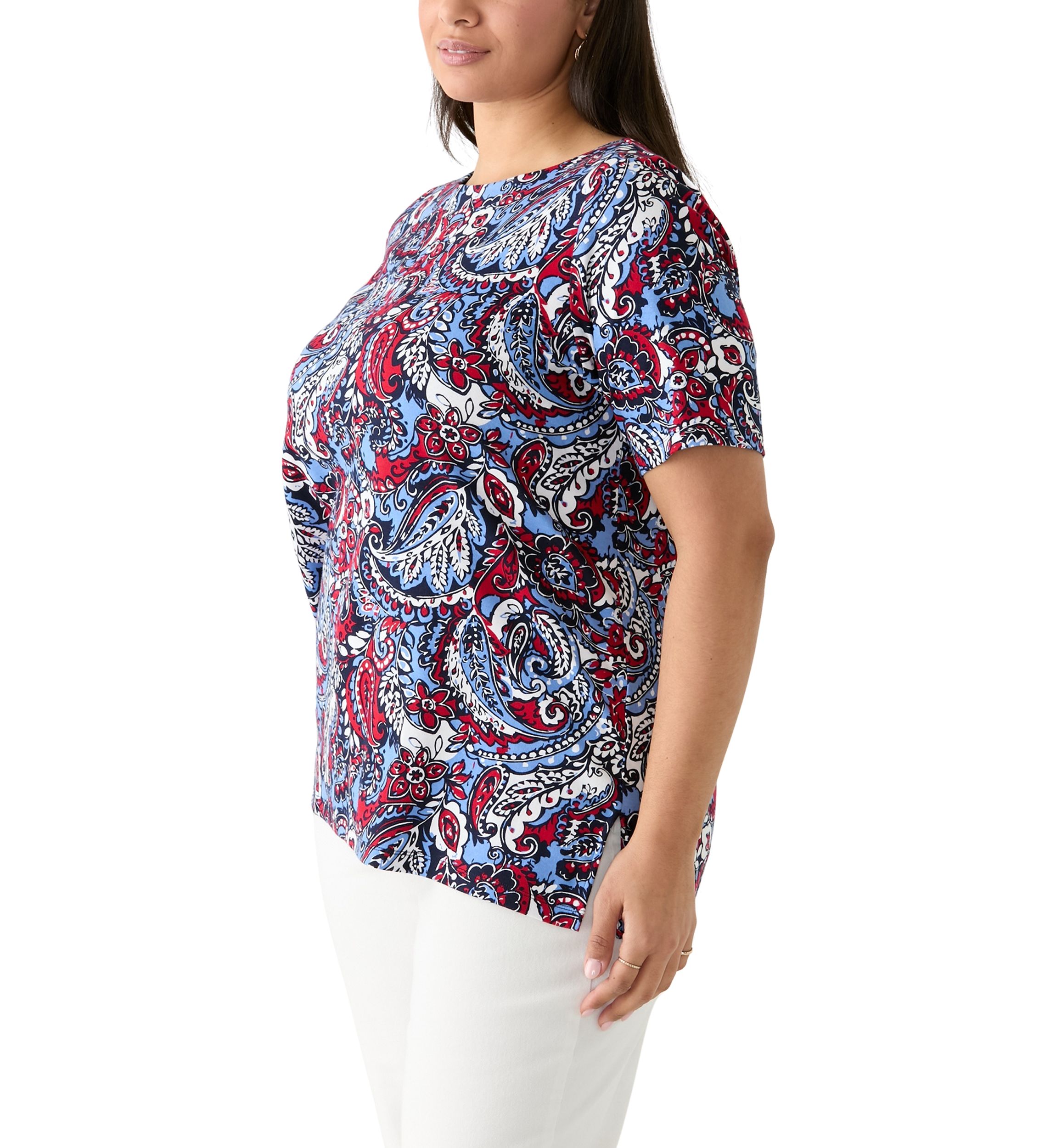 Plus Size Elbow Sleeve Button Trim Printed Tunic 