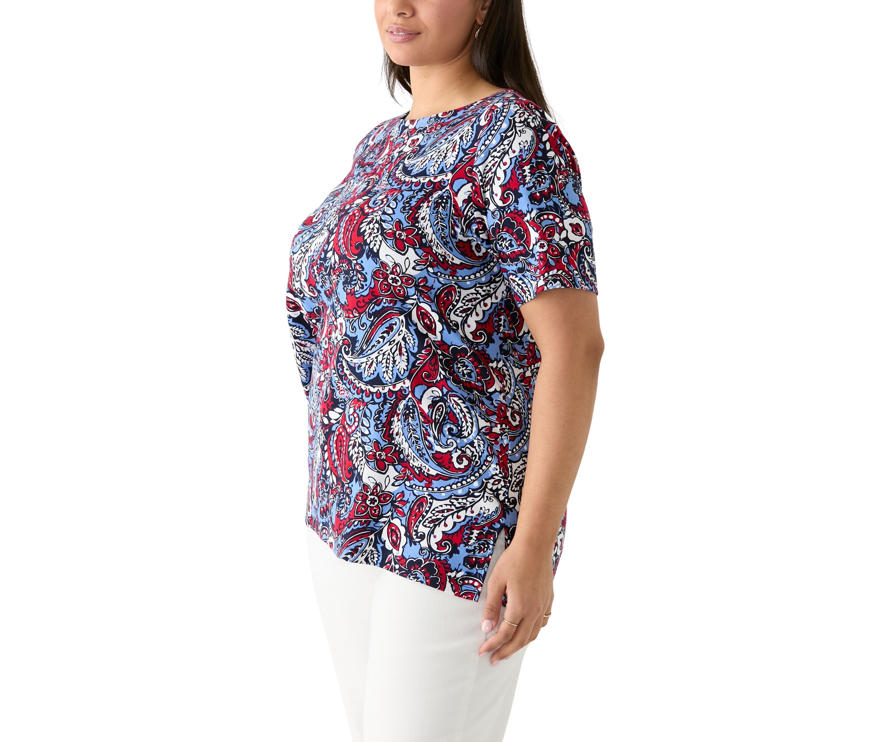 Plus Size Elbow Sleeve Button Trim Printed Tunic 