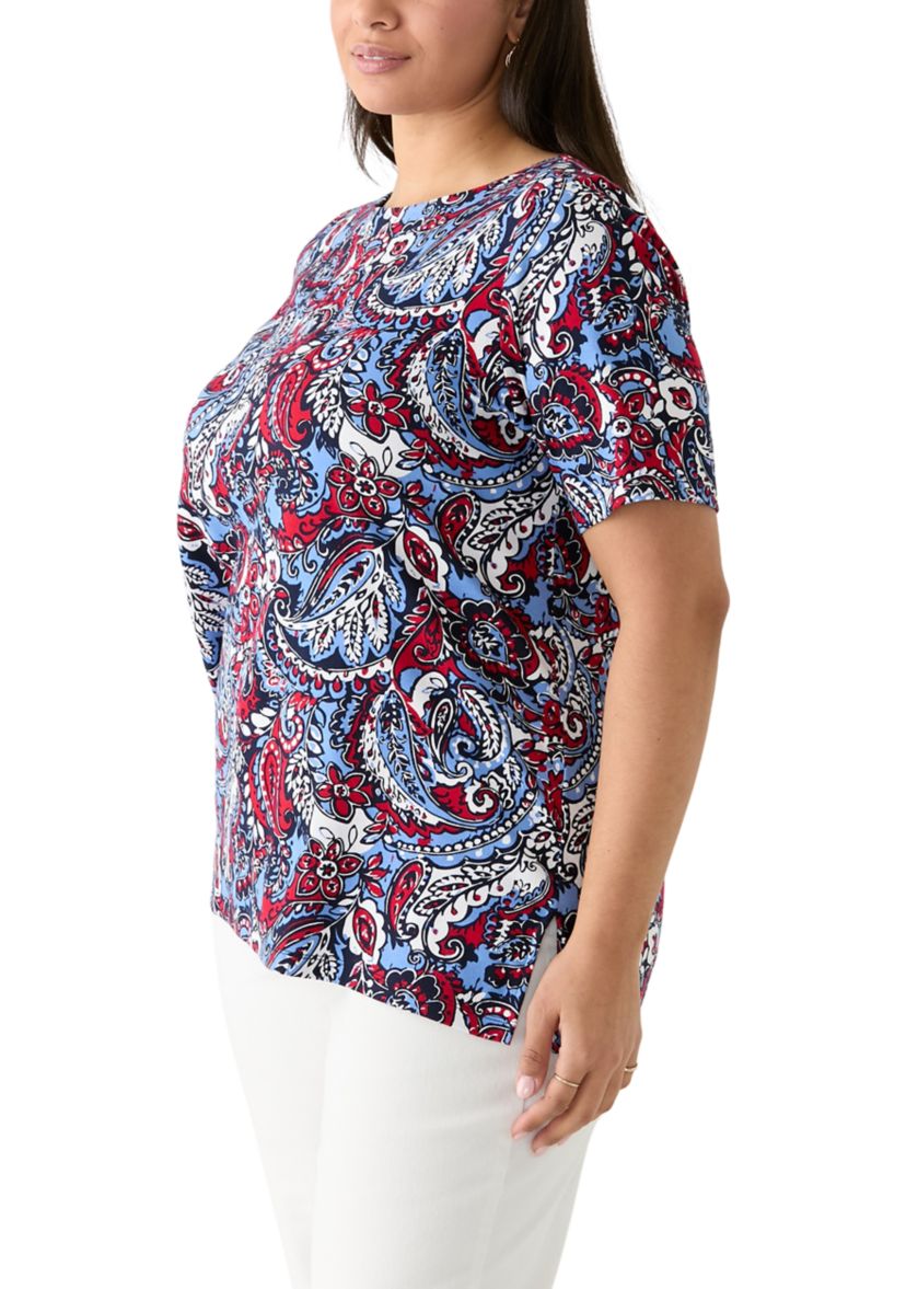 Plus Size Elbow Sleeve Button Trim Printed Tunic 