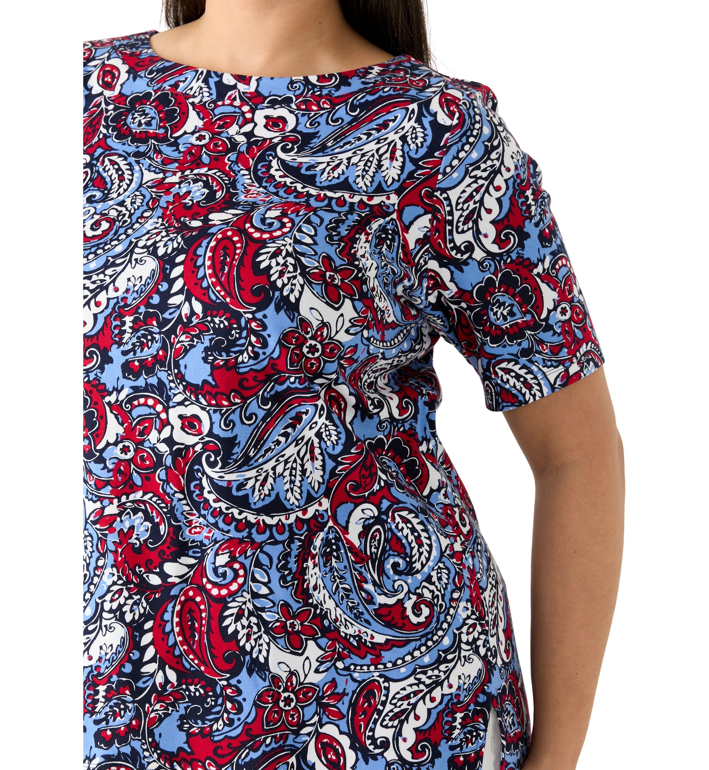Plus Size Elbow Sleeve Button Trim Printed Tunic 