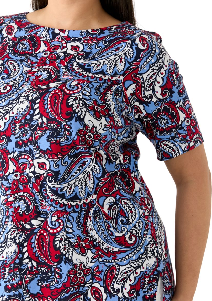 Plus Size Elbow Sleeve Button Trim Printed Tunic 