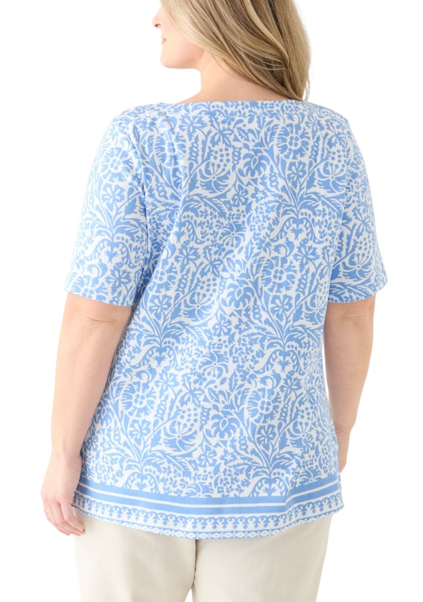 Plus Size Trim Border Printed Top
