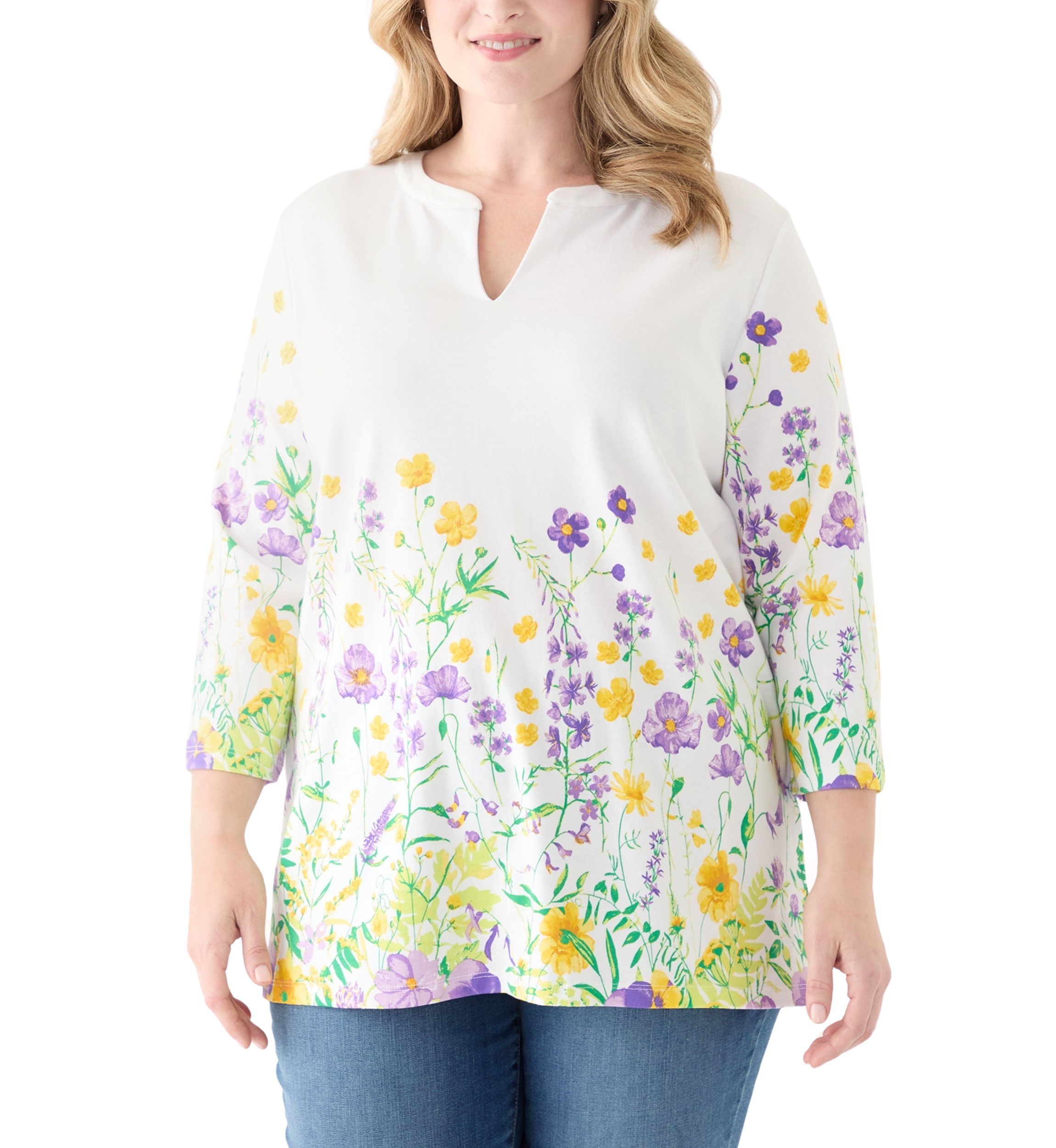 Plus Size 3/4 Sleeve Knit Split Neck Placement Print Tunic Top