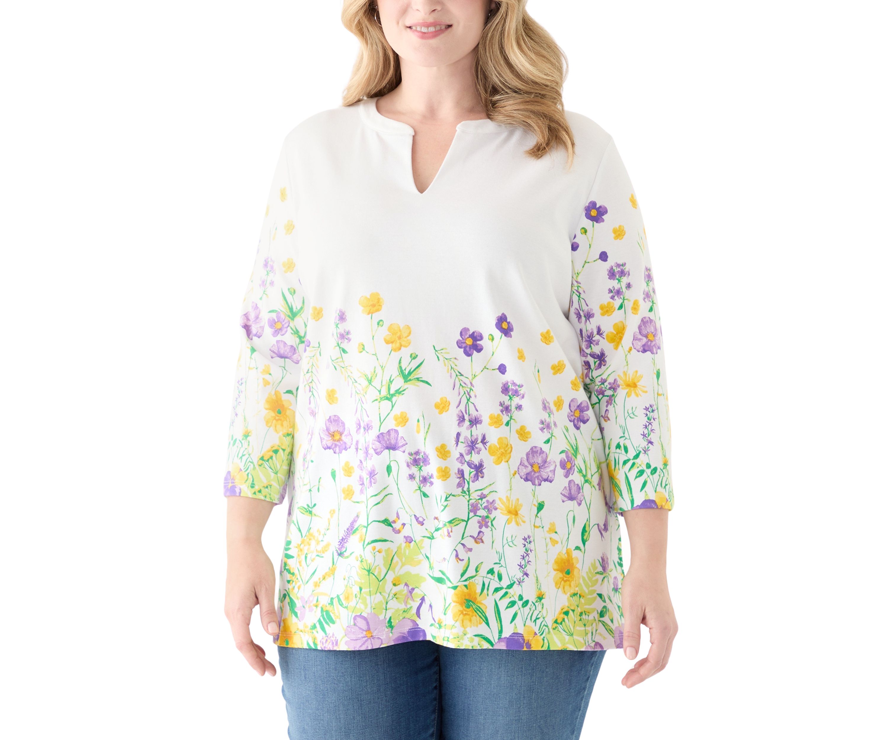 Plus Size 3/4 Sleeve Knit Split Neck Placement Print Tunic Top