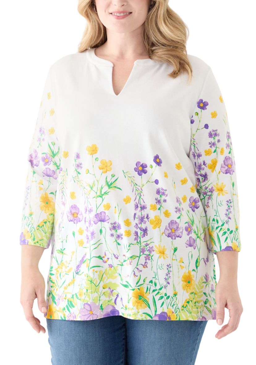 Plus Size 3/4 Sleeve Knit Split Neck Placement Print Tunic Top