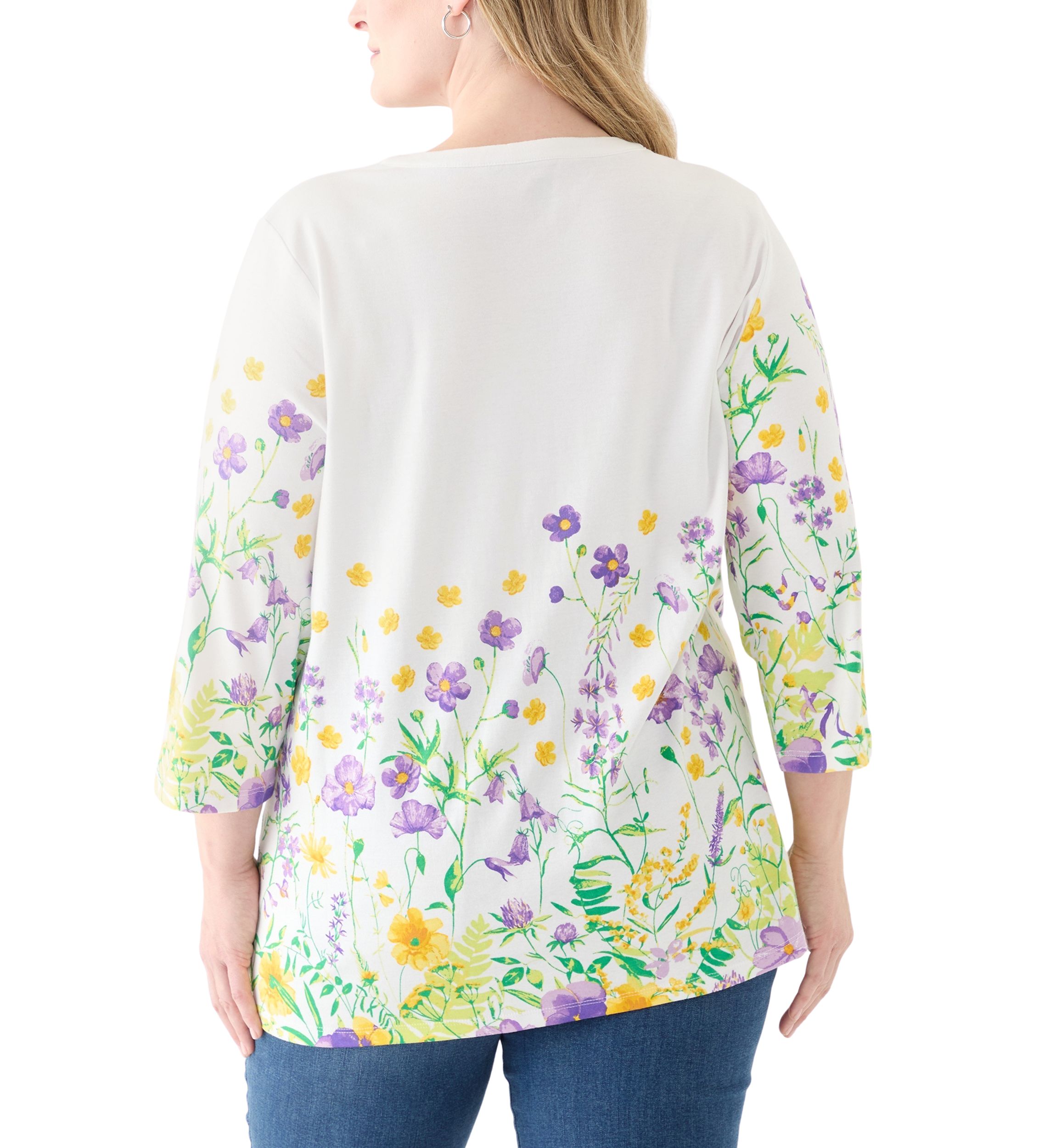 Plus Size 3/4 Sleeve Knit Split Neck Placement Print Tunic Top
