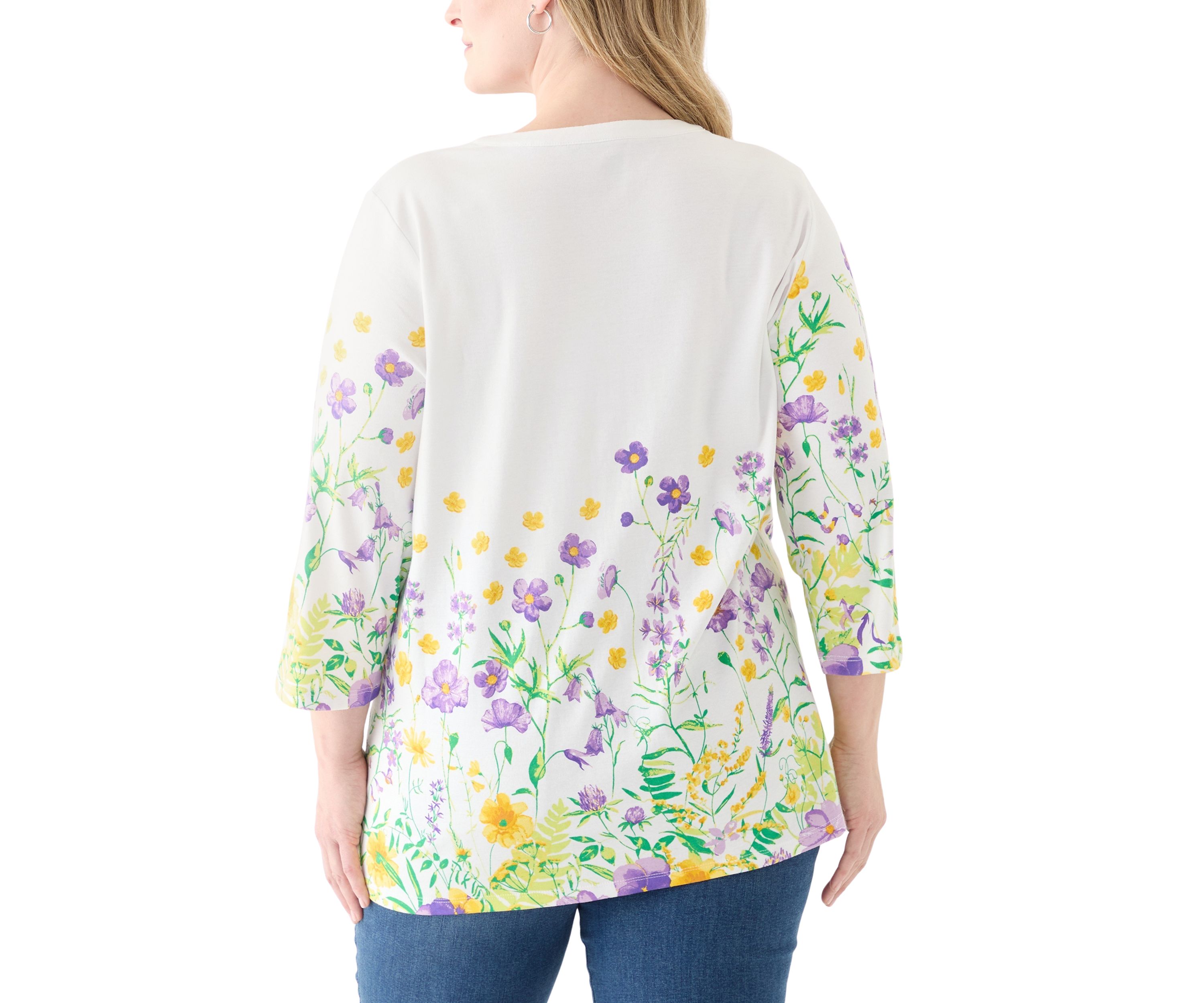 Plus Size 3/4 Sleeve Knit Split Neck Placement Print Tunic Top