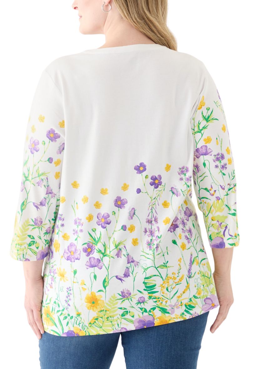 Plus Size 3/4 Sleeve Knit Split Neck Placement Print Tunic Top