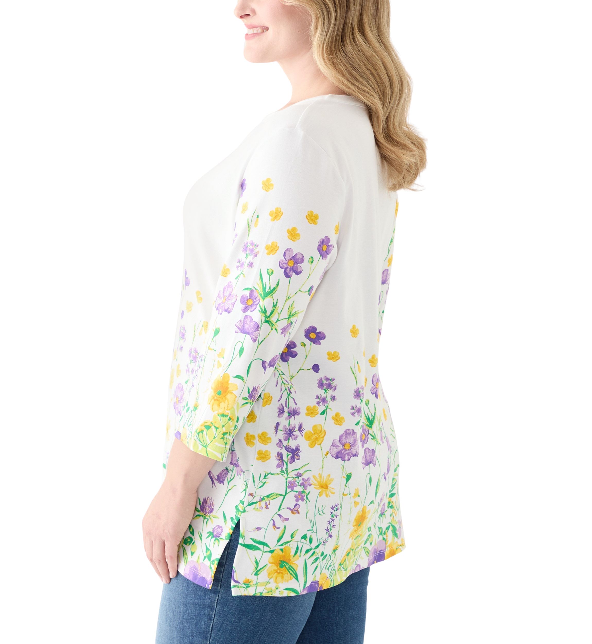 Plus Size 3/4 Sleeve Knit Split Neck Placement Print Tunic Top