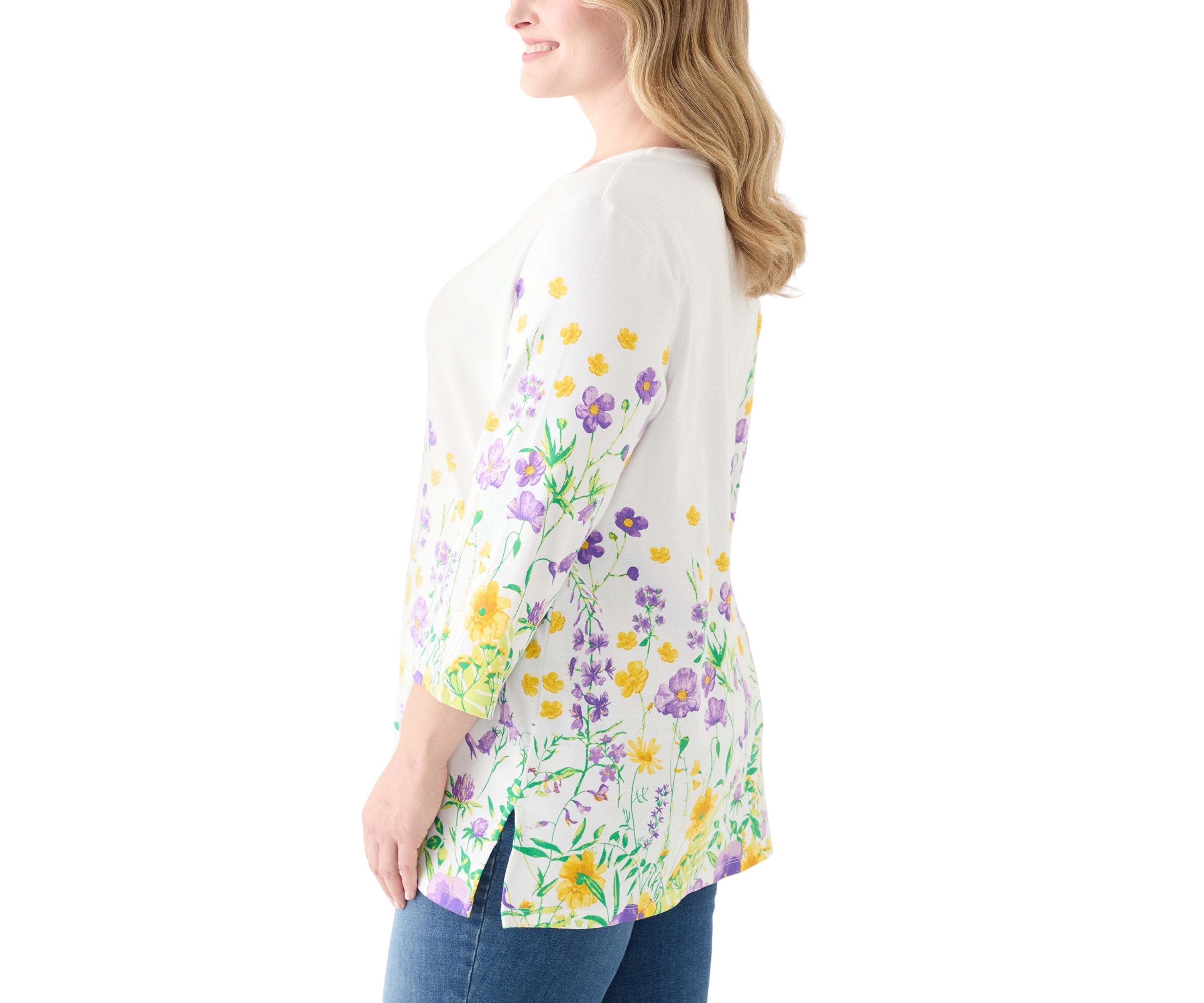 Plus Size 3/4 Sleeve Knit Split Neck Placement Print Tunic Top
