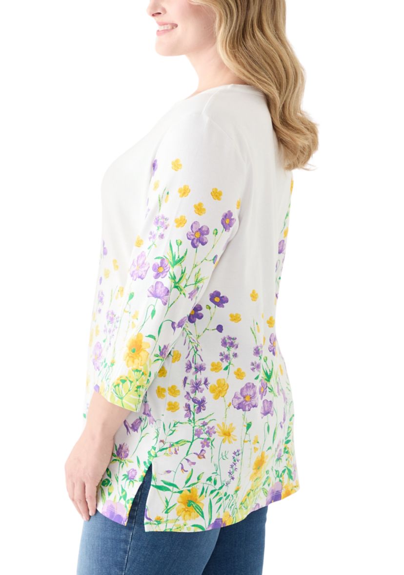 Plus Size 3/4 Sleeve Knit Split Neck Placement Print Tunic Top