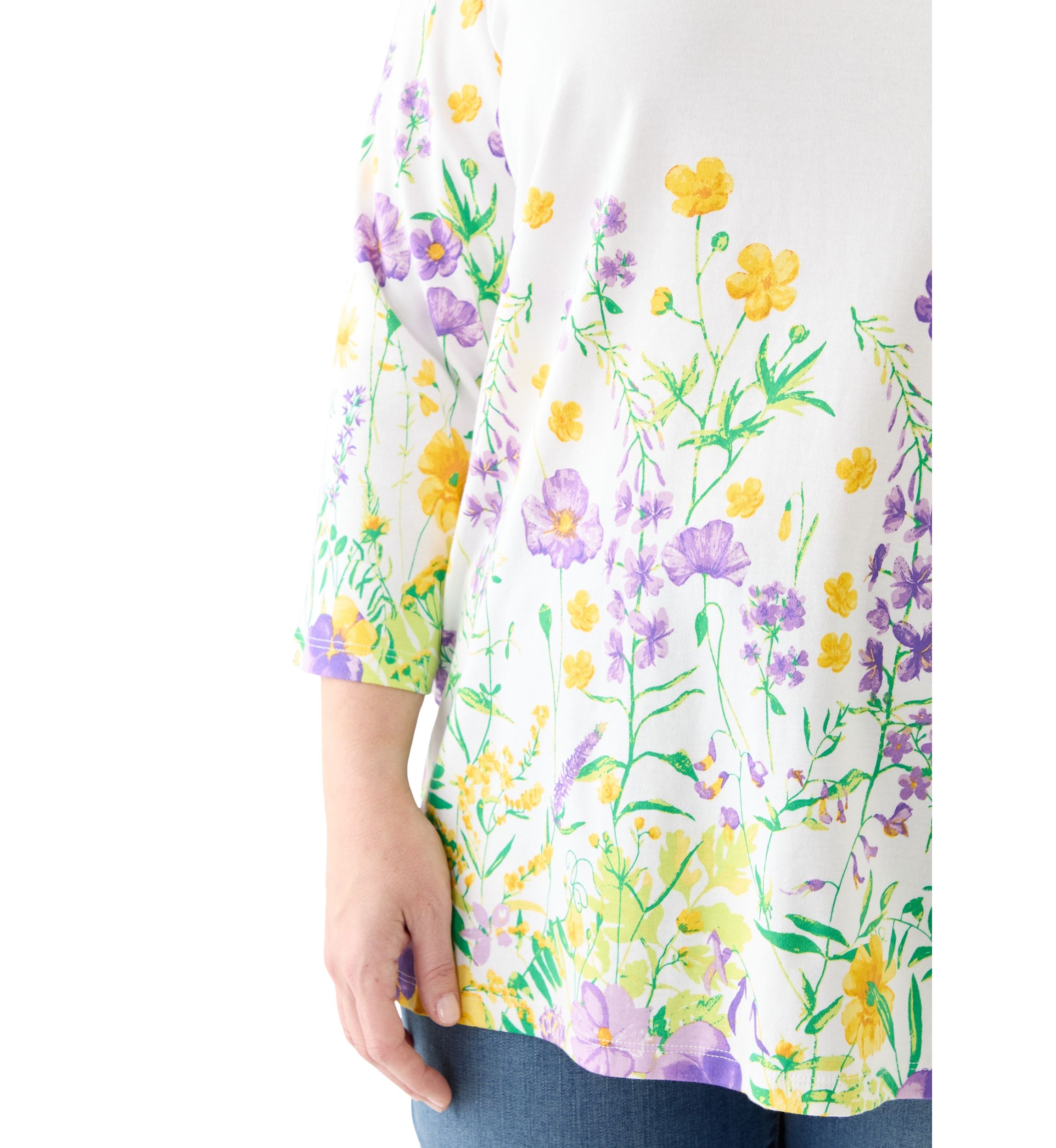 Plus Size 3/4 Sleeve Knit Split Neck Placement Print Tunic Top