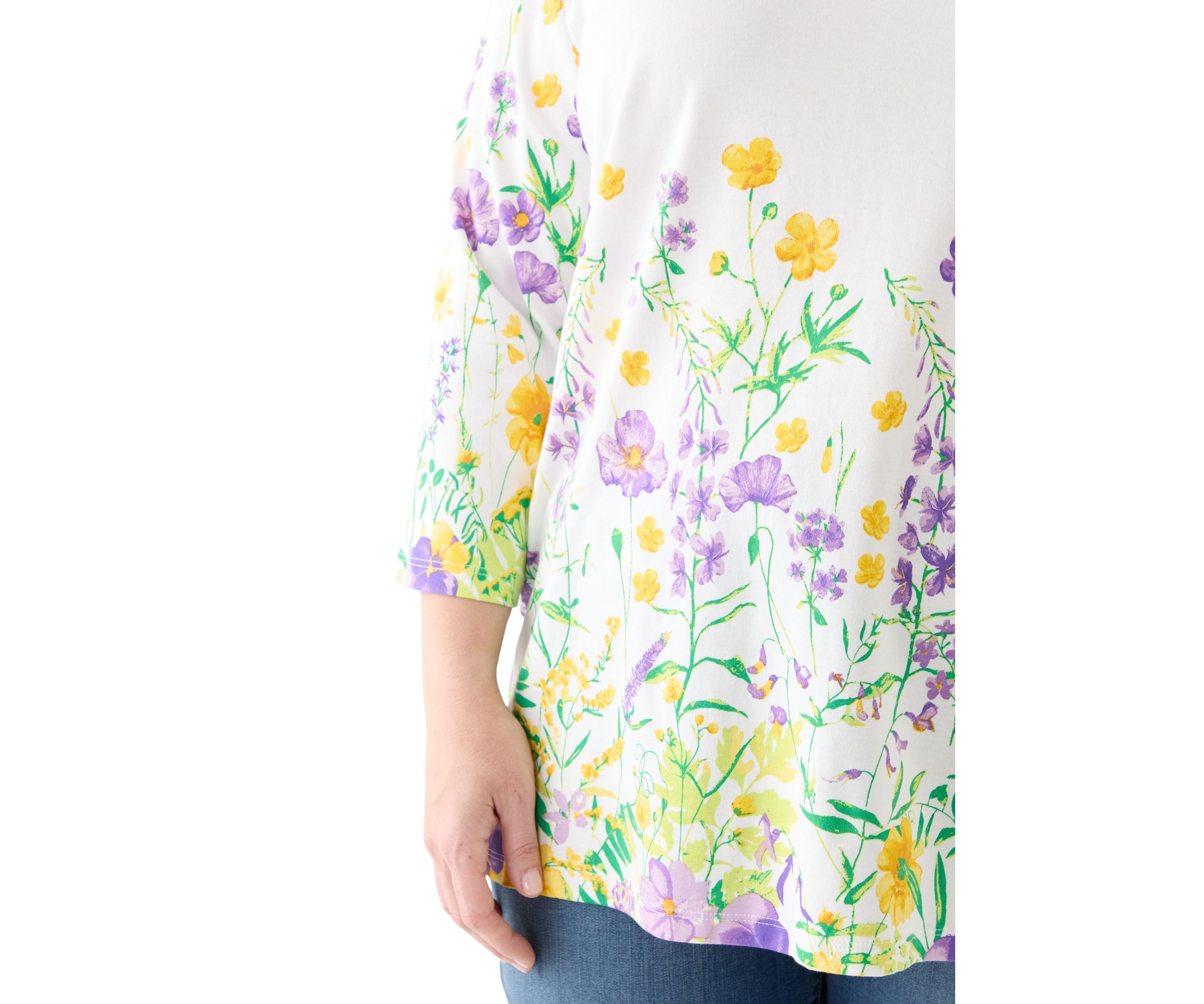 Plus Size 3/4 Sleeve Knit Split Neck Placement Print Tunic Top