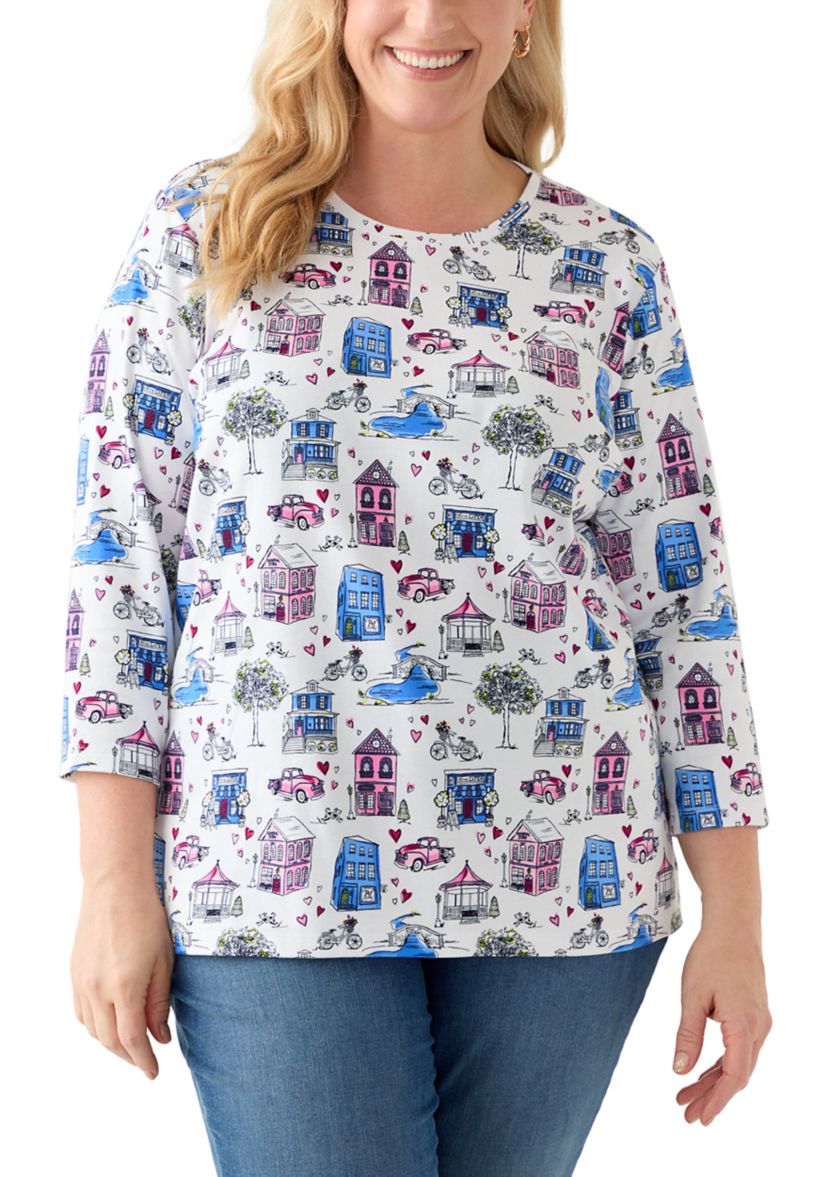 Plus Size 3/4 Sleeve Crew Print Top