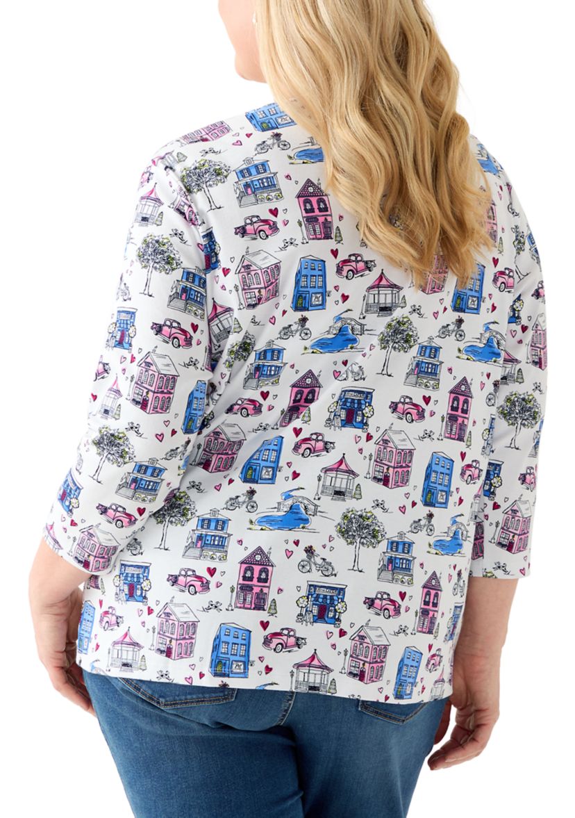 Plus Size 3/4 Sleeve Crew Print Top