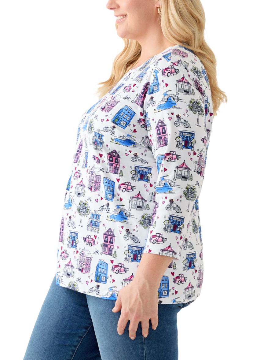 Plus Size 3/4 Sleeve Crew Print Top