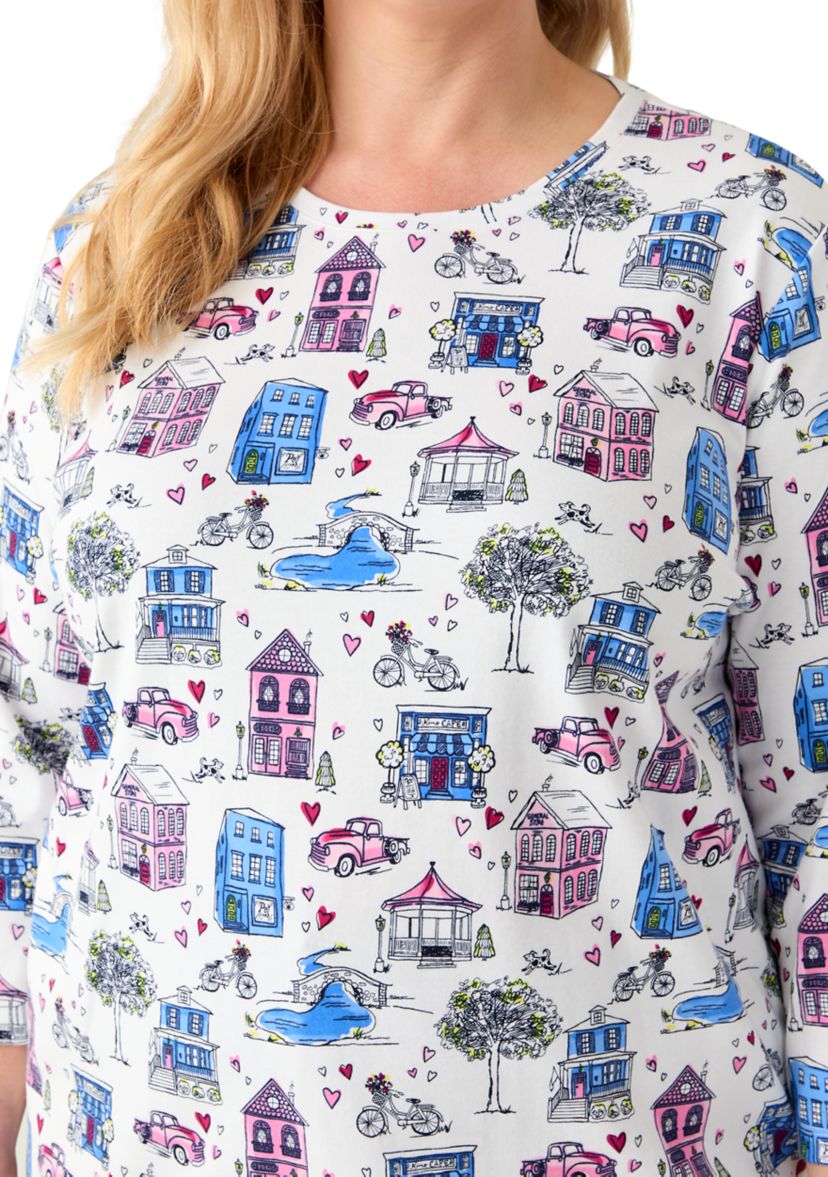 Plus Size 3/4 Sleeve Crew Print Top