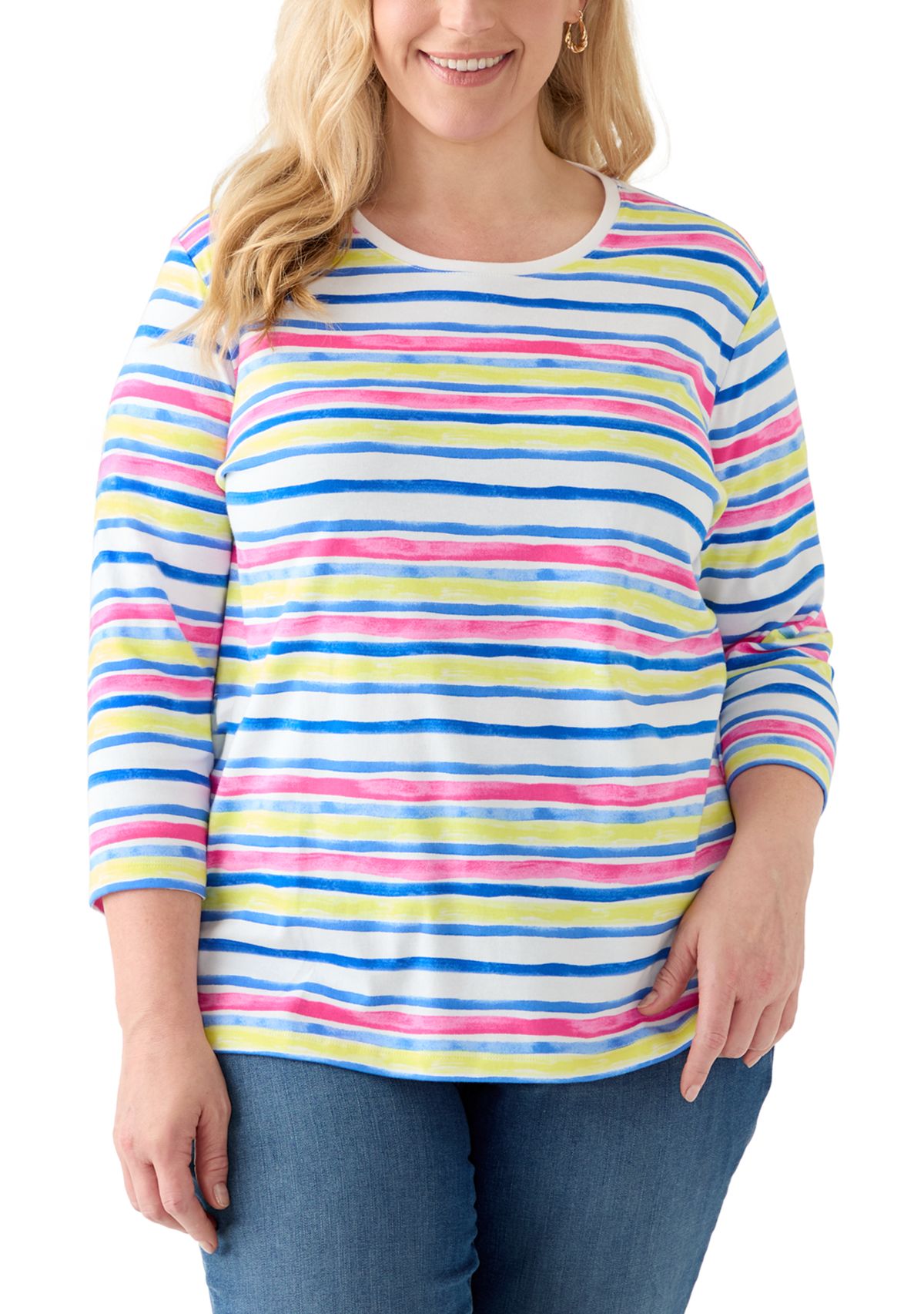 Plus Size 3/4 Sleeve Crew Neck Stripe Printed Top