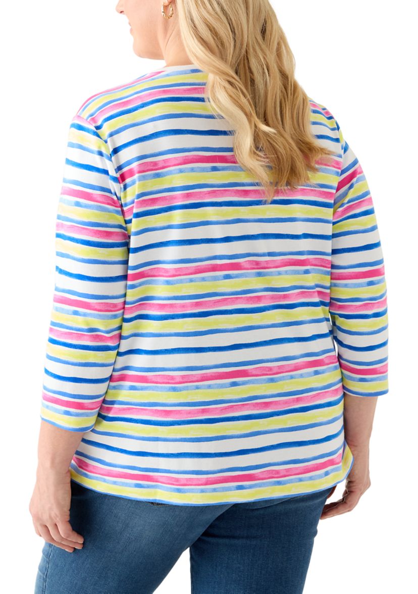 Plus Size 3/4 Sleeve Crew Neck Stripe Printed Top