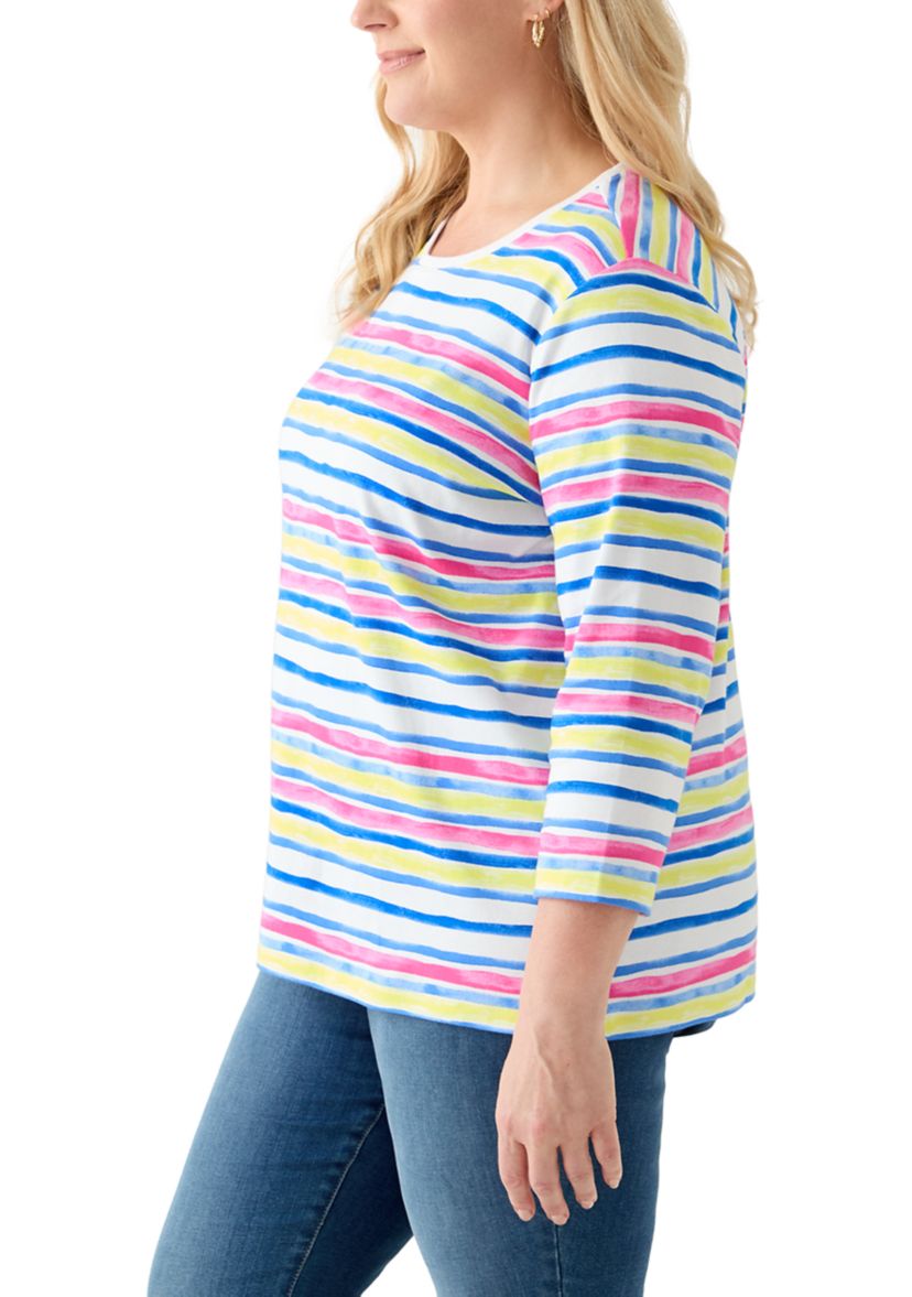 Plus Size 3/4 Sleeve Crew Neck Stripe Printed Top
