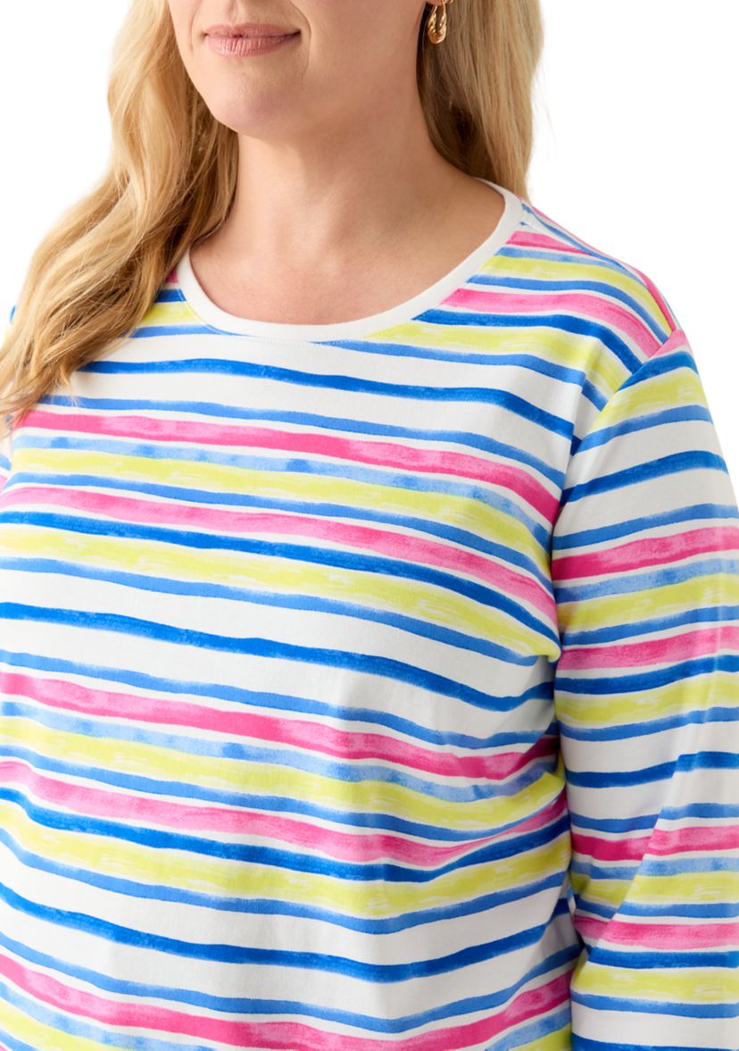 Plus Size 3/4 Sleeve Crew Neck Stripe Printed Top