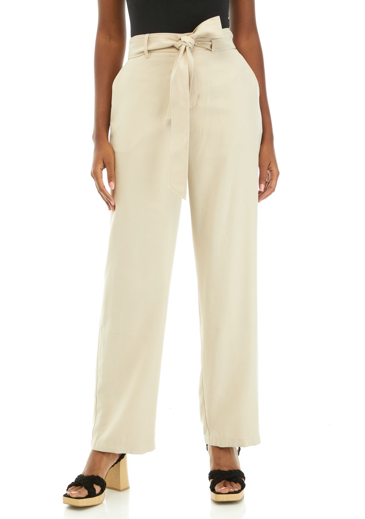 Womens High Rise Belted Wide Leg Pants