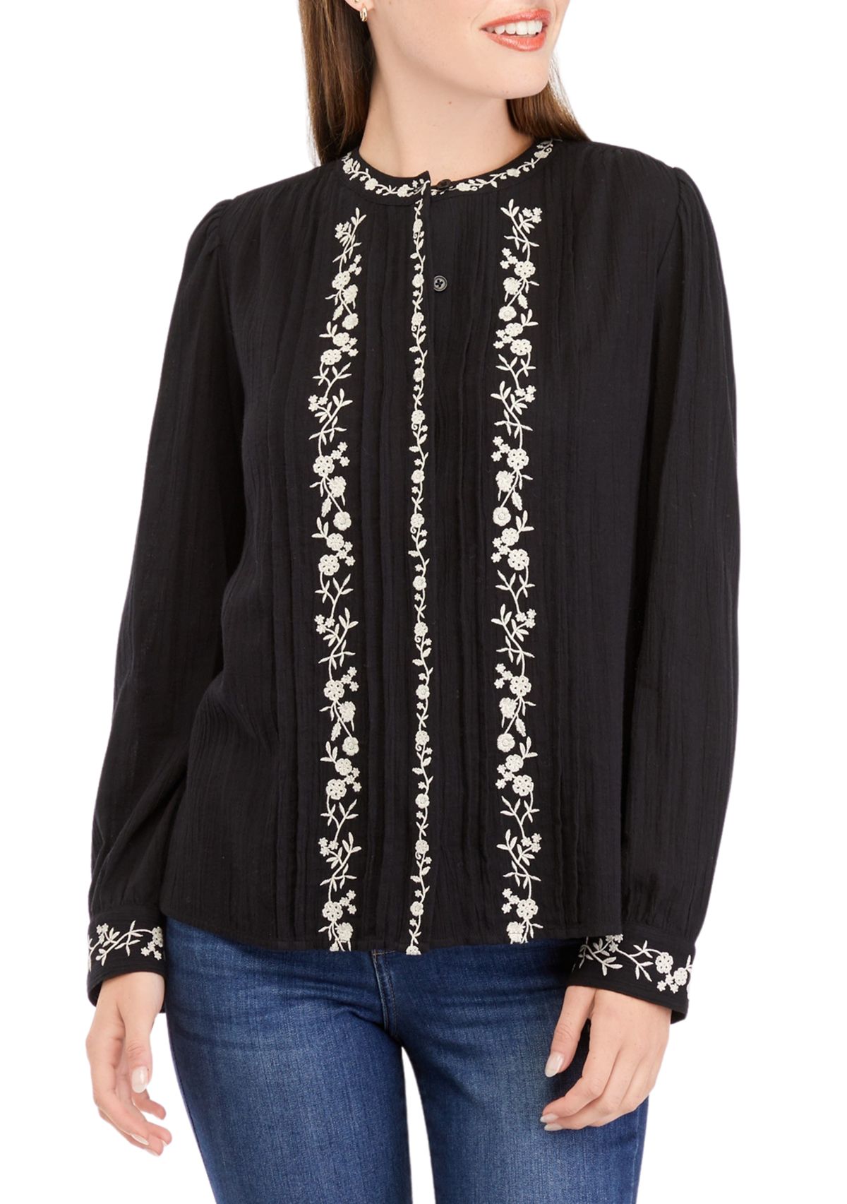 Womens Embroidered Button Front Blouse