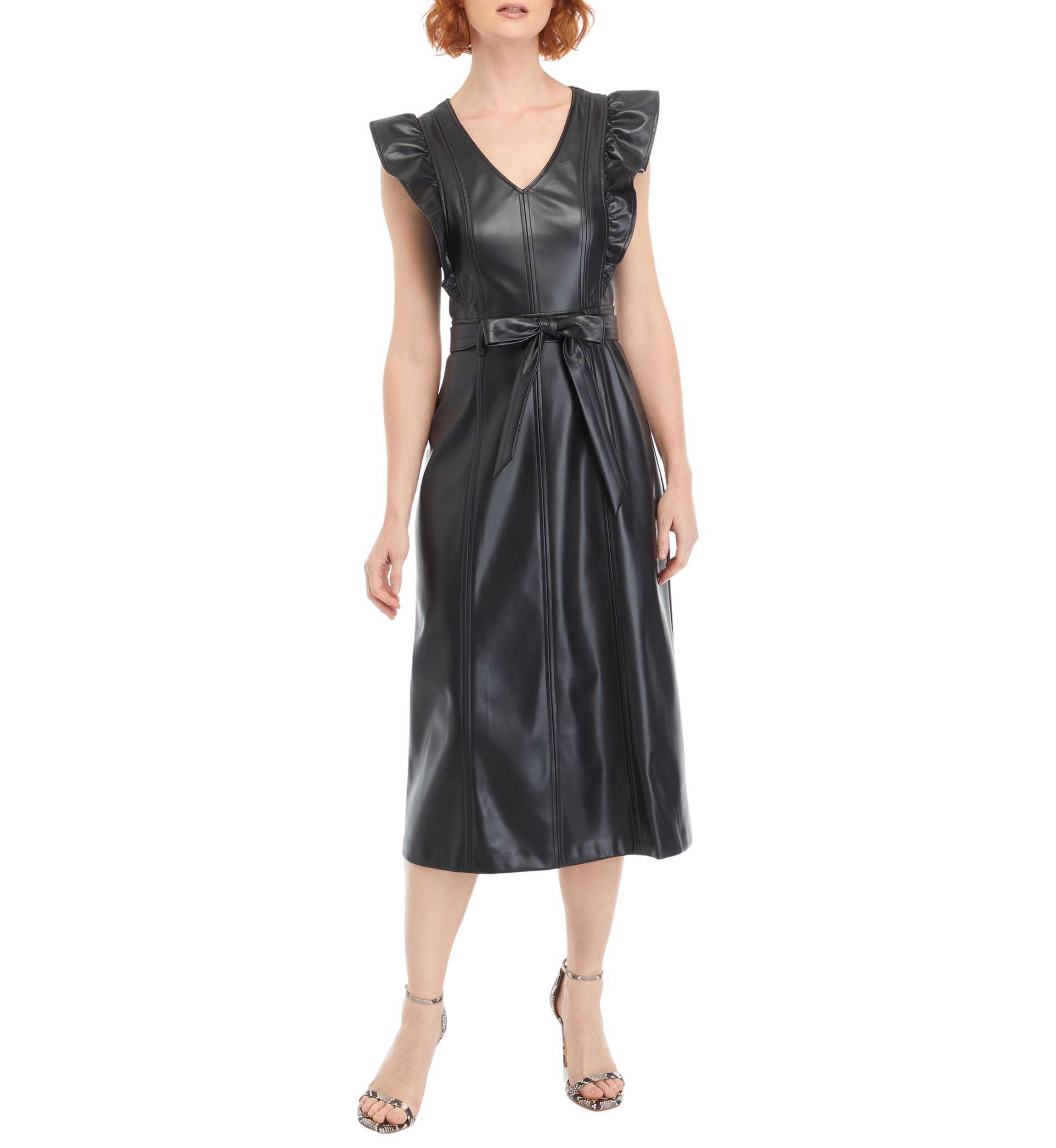 Womens Flutter Sleeve Vegan Leather Midi Dress